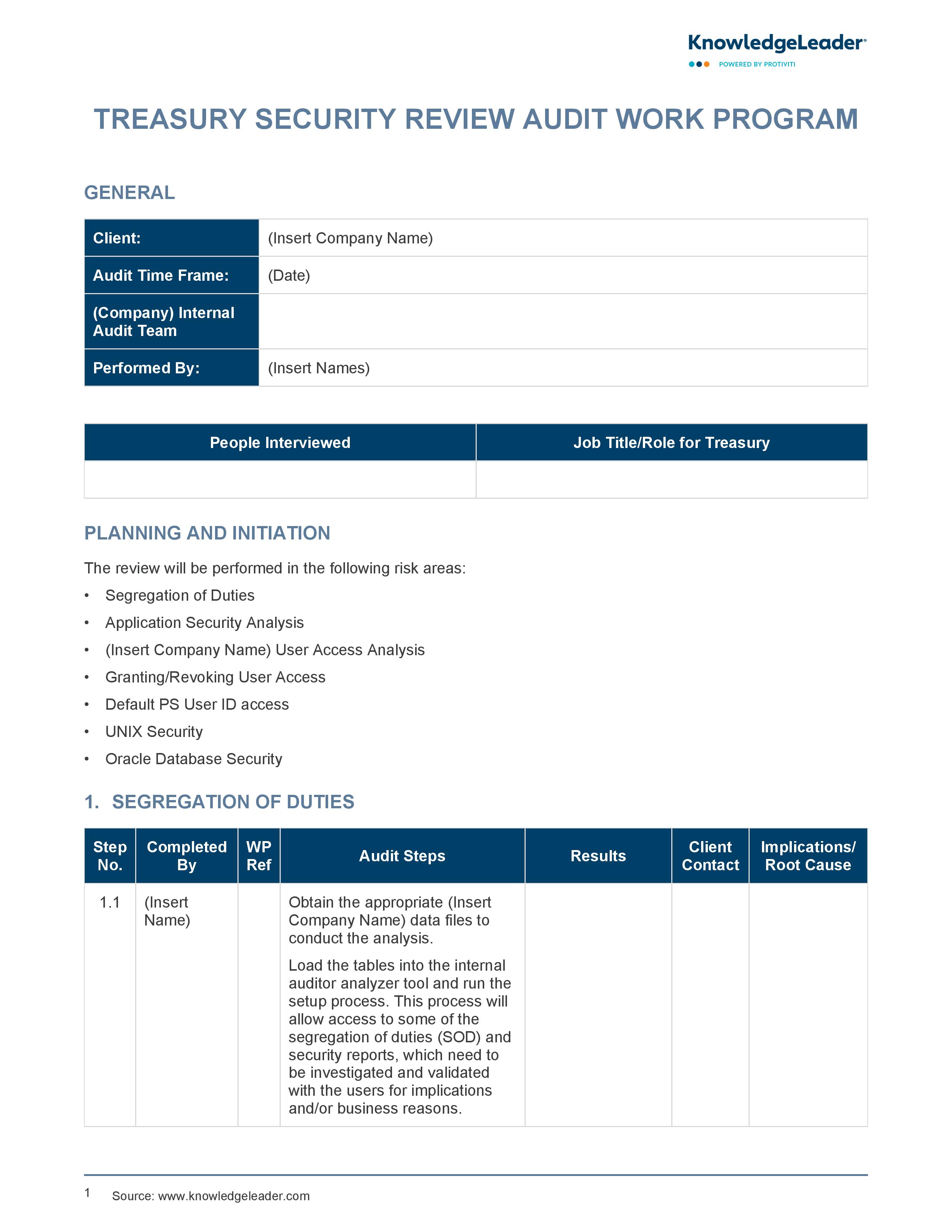 screenshot of the first page of Treasury Security Review Audit Work Program