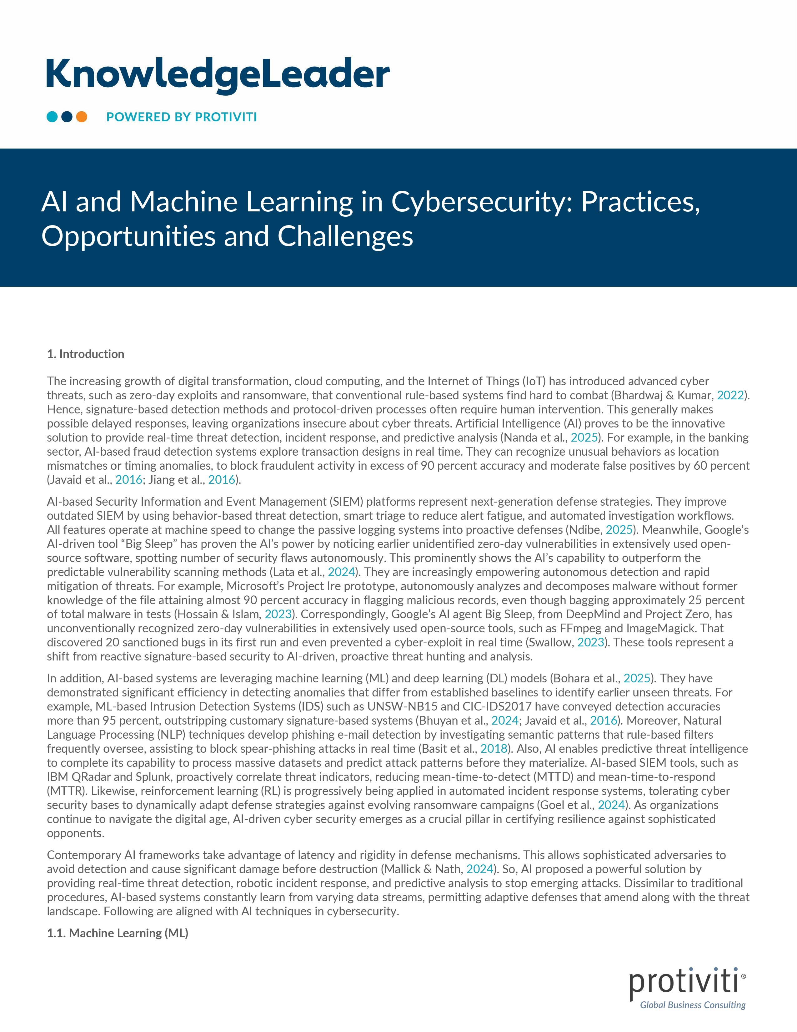 screenshot of the first page of AI and Machine Learning in Cybersecurity Practices, Opportunities and Challenges