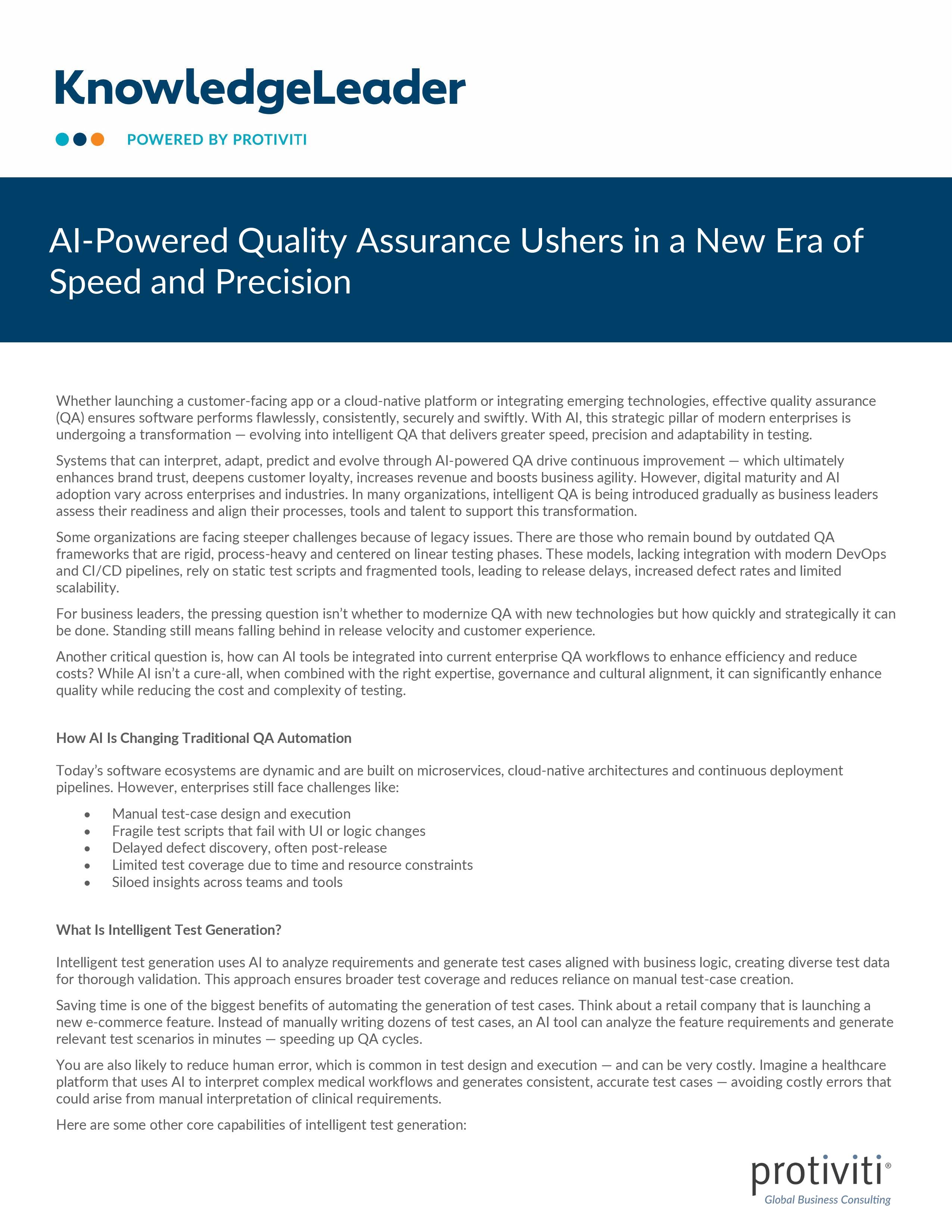 screenshot of the first page of AI-Powered Quality Assurance Ushers in a New Era of Speed and Precision
