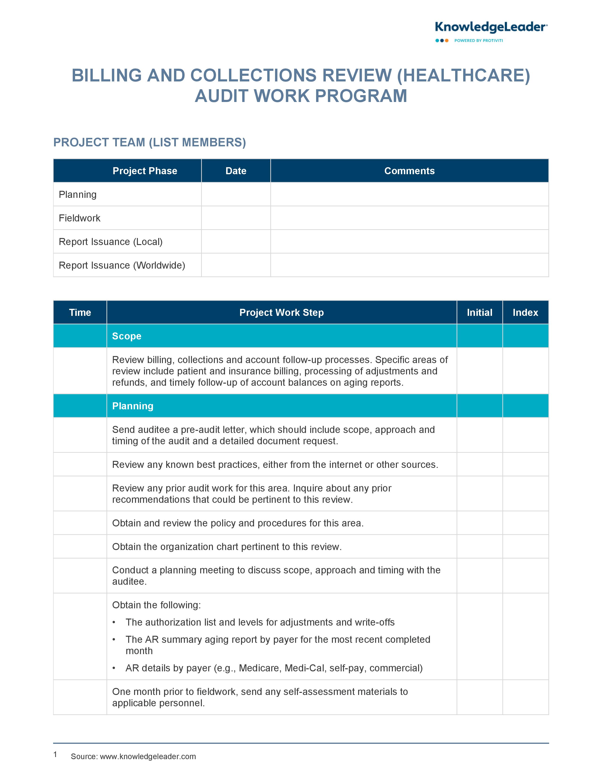 screenshot of the first page of Billing and Collections Review Audit Work Program (Healthcare)