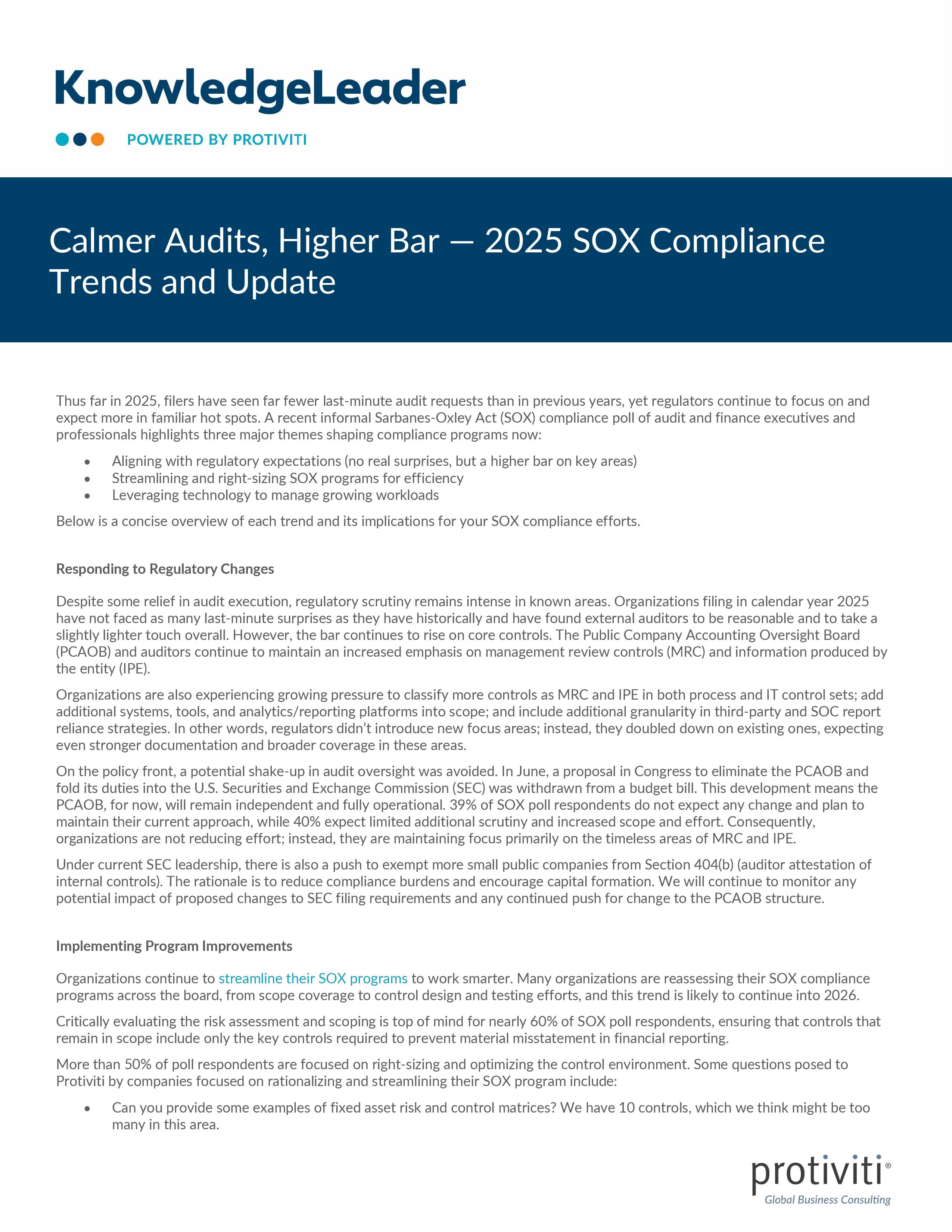 screenshot of the first page of Calmer Audits, Higher Bar — 2025 SOX Compliance Trends and Update