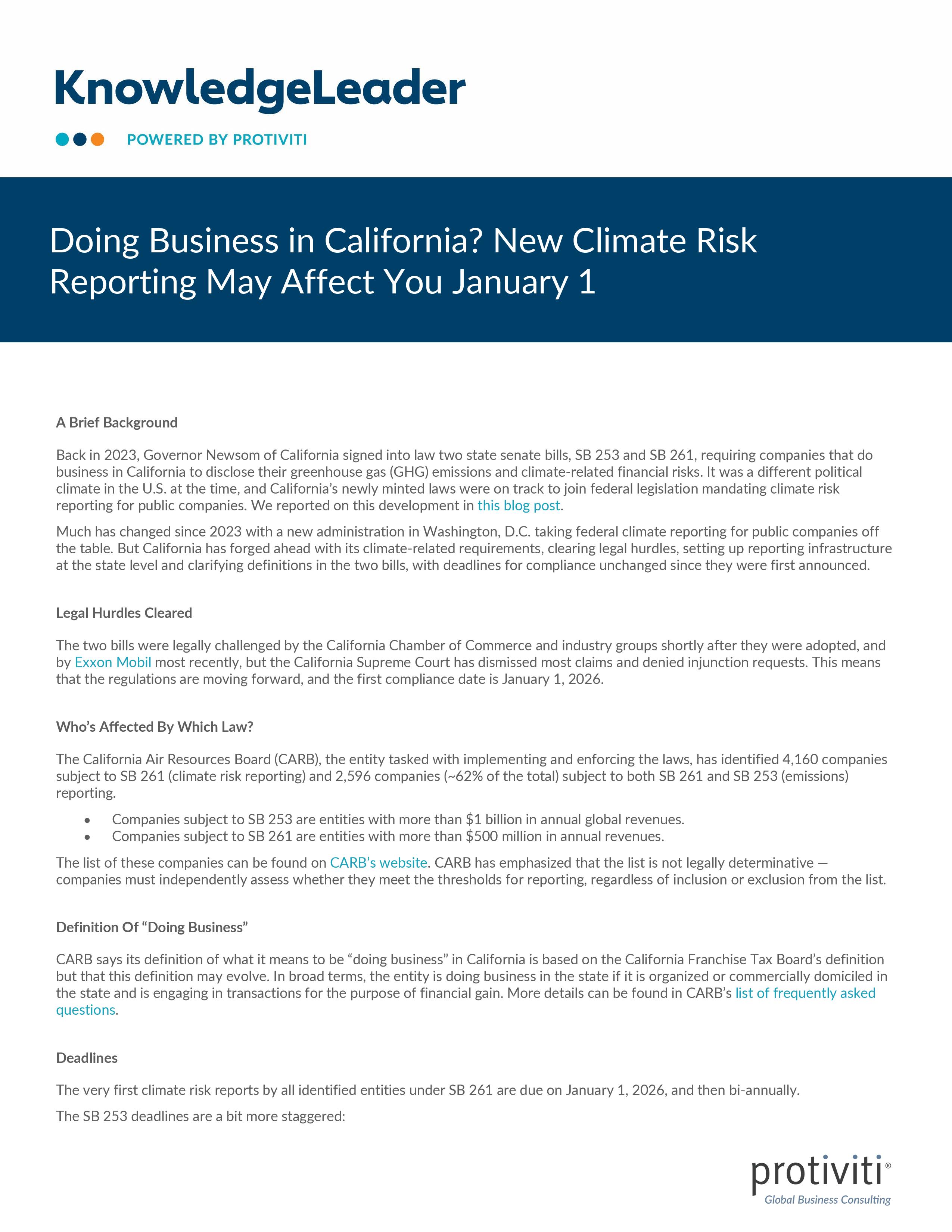 screenshot of the first page of Doing Business in California New Climate Risk Reporting May Affect You January 1