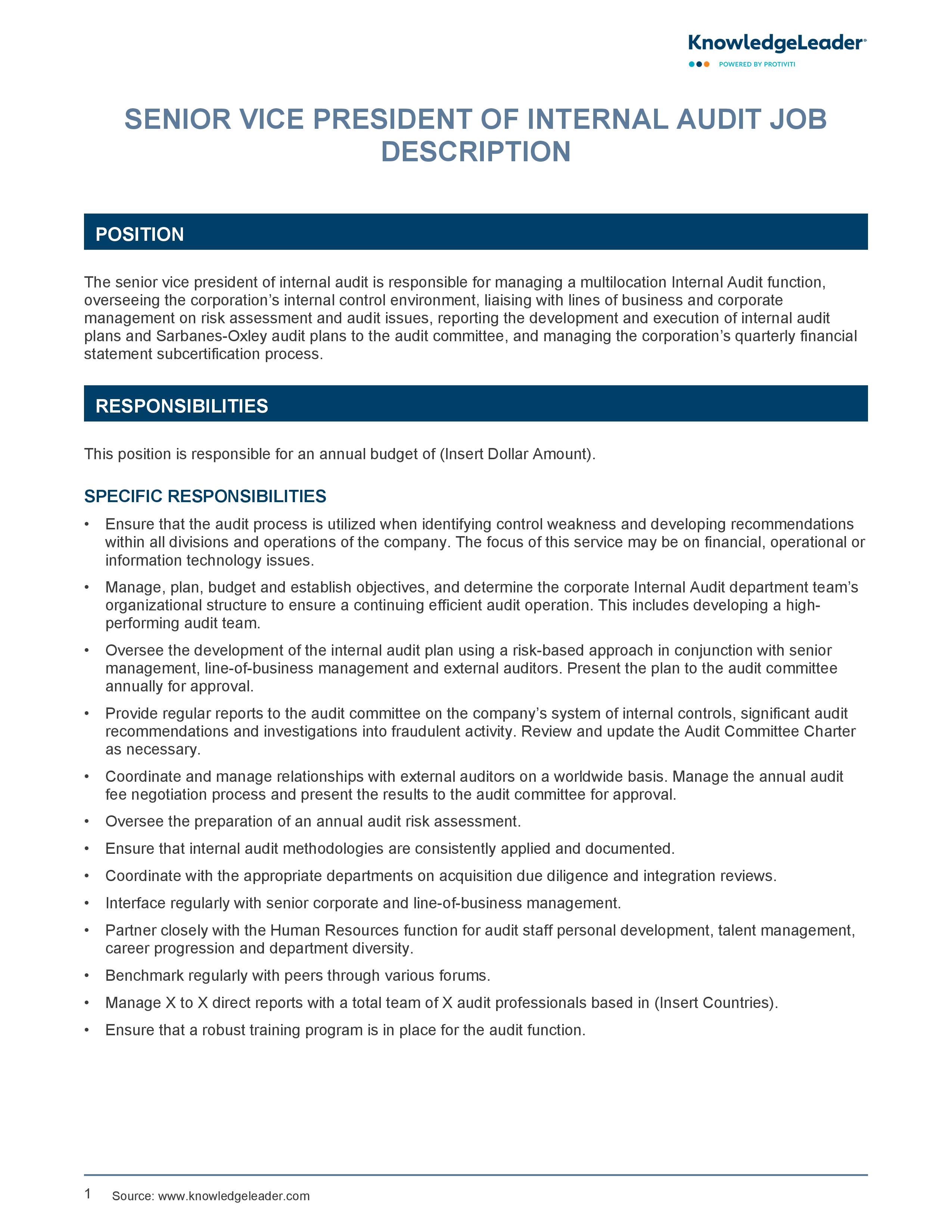 screenshot of the first page of Senior Vice President of Internal Audit Job Description