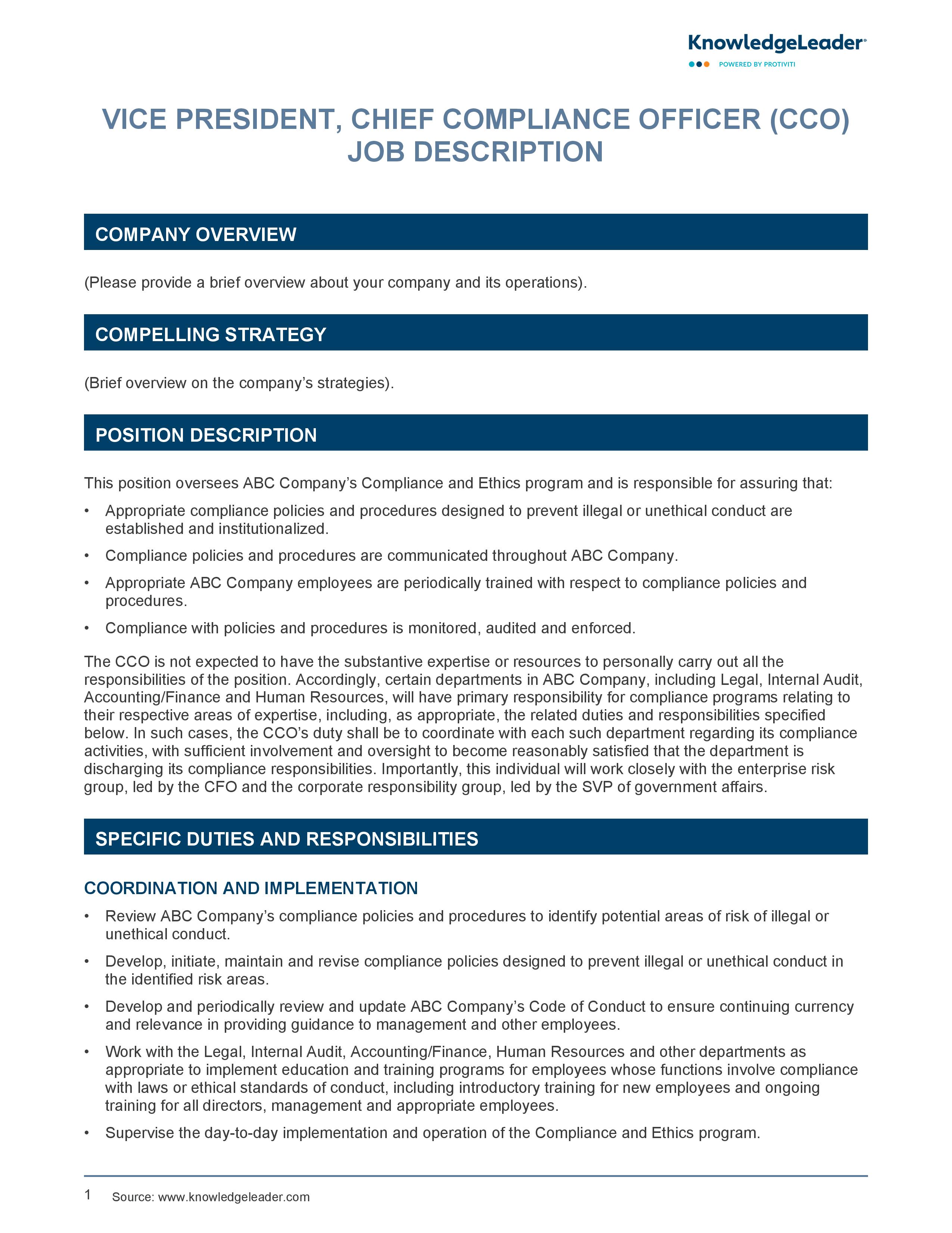 screenshot of the first page of Vice President, Chief Compliance Officer Job Description