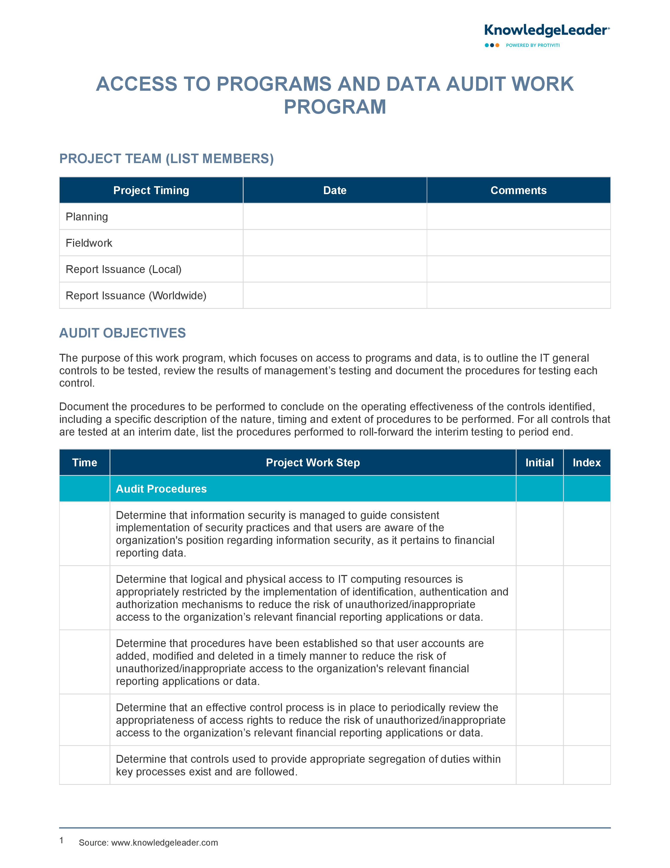 screenshot of the first page of Access to Programs and Data Audit Work Program