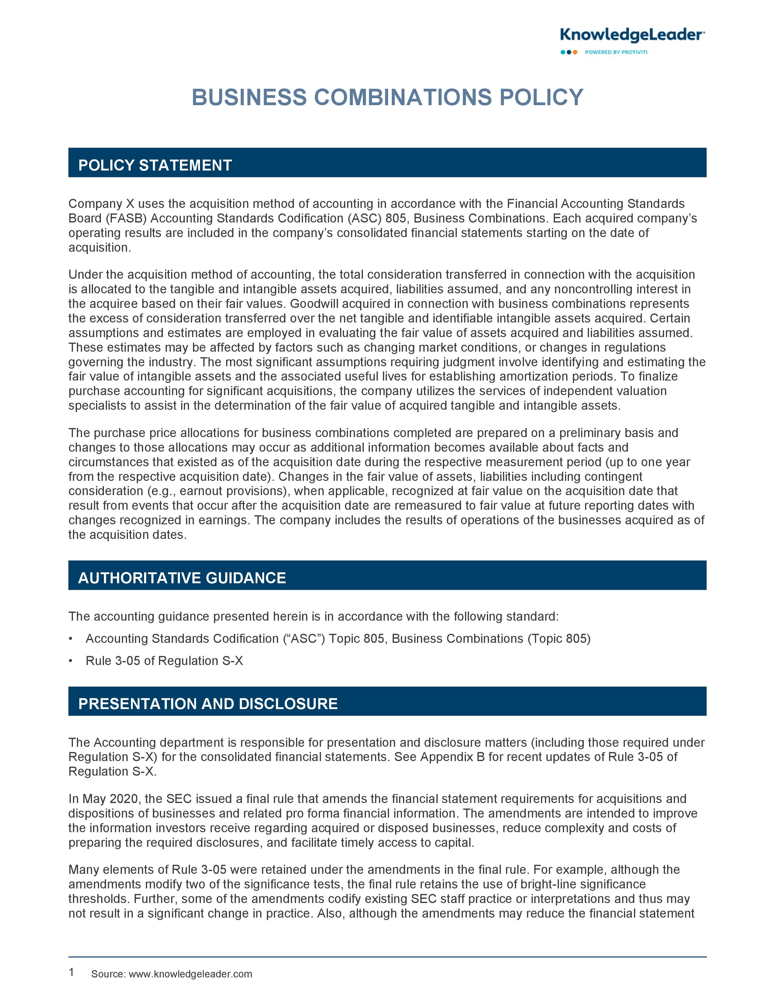 screenshot of the first page of Business Combinations Policy