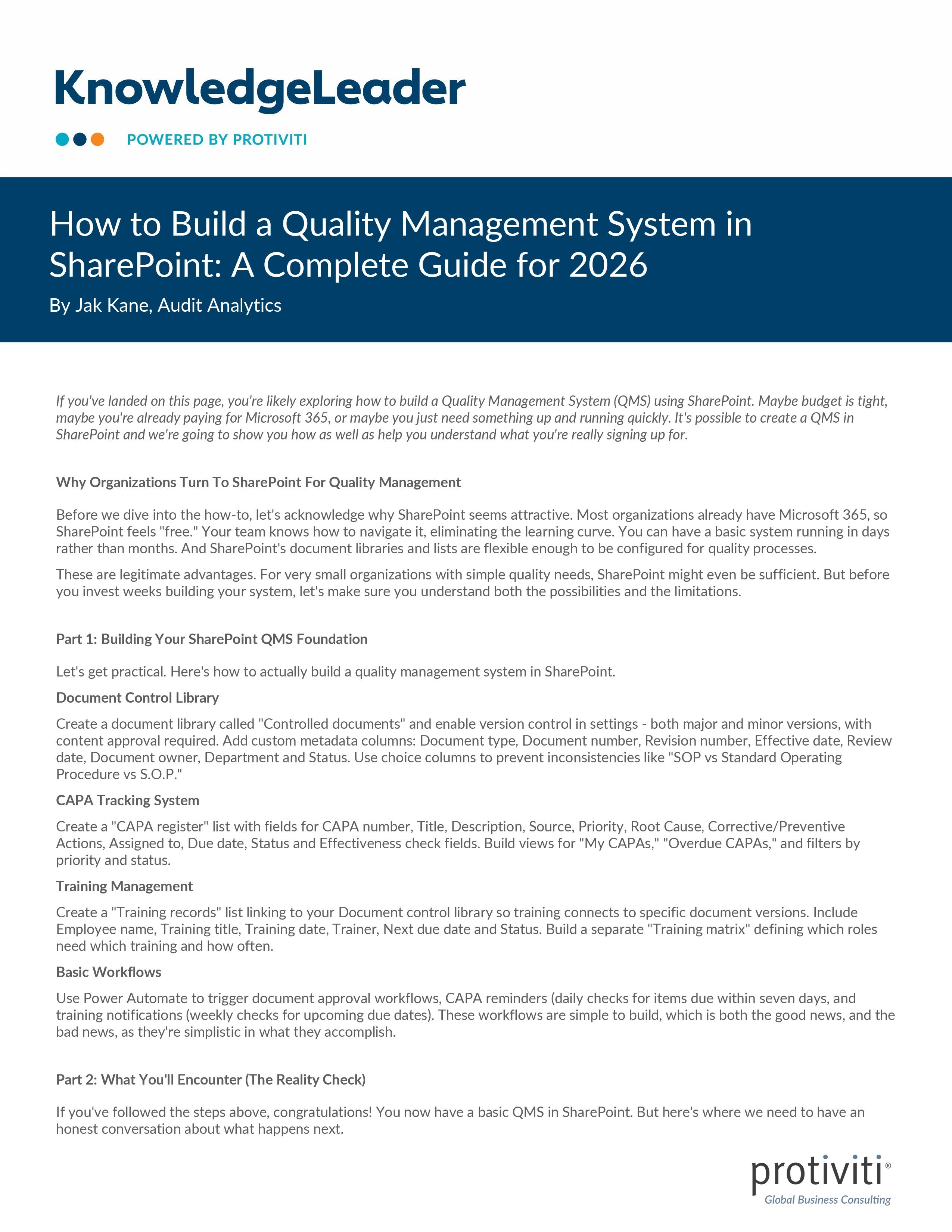 screenshot of the first page of How to Build a Quality Management System in SharePoint a Complete Guide for 2026