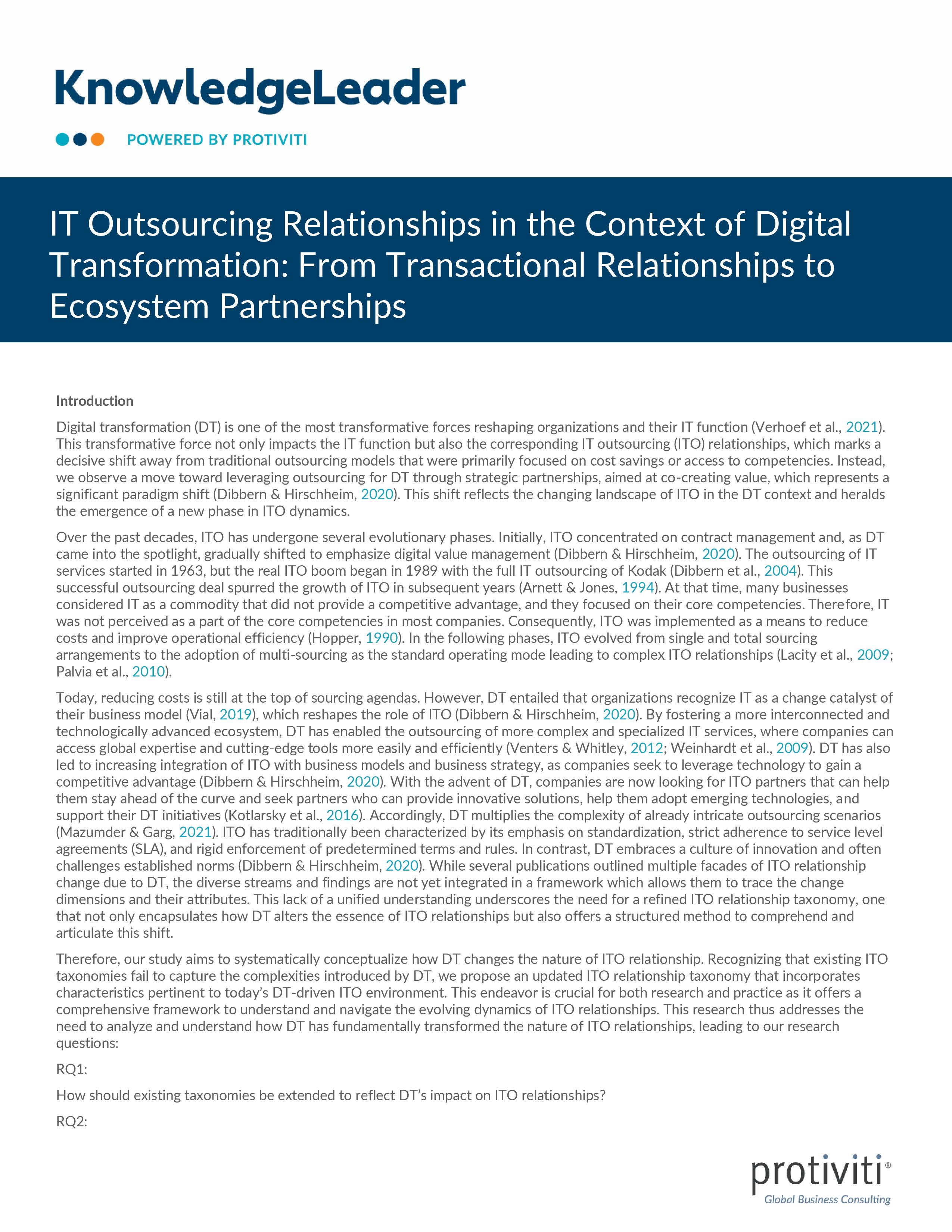 screenshot of the first page of IT Outsourcing Relationships in the Context of Digital Transformation: From Transactional Relationships to Ecosystem Partnerships