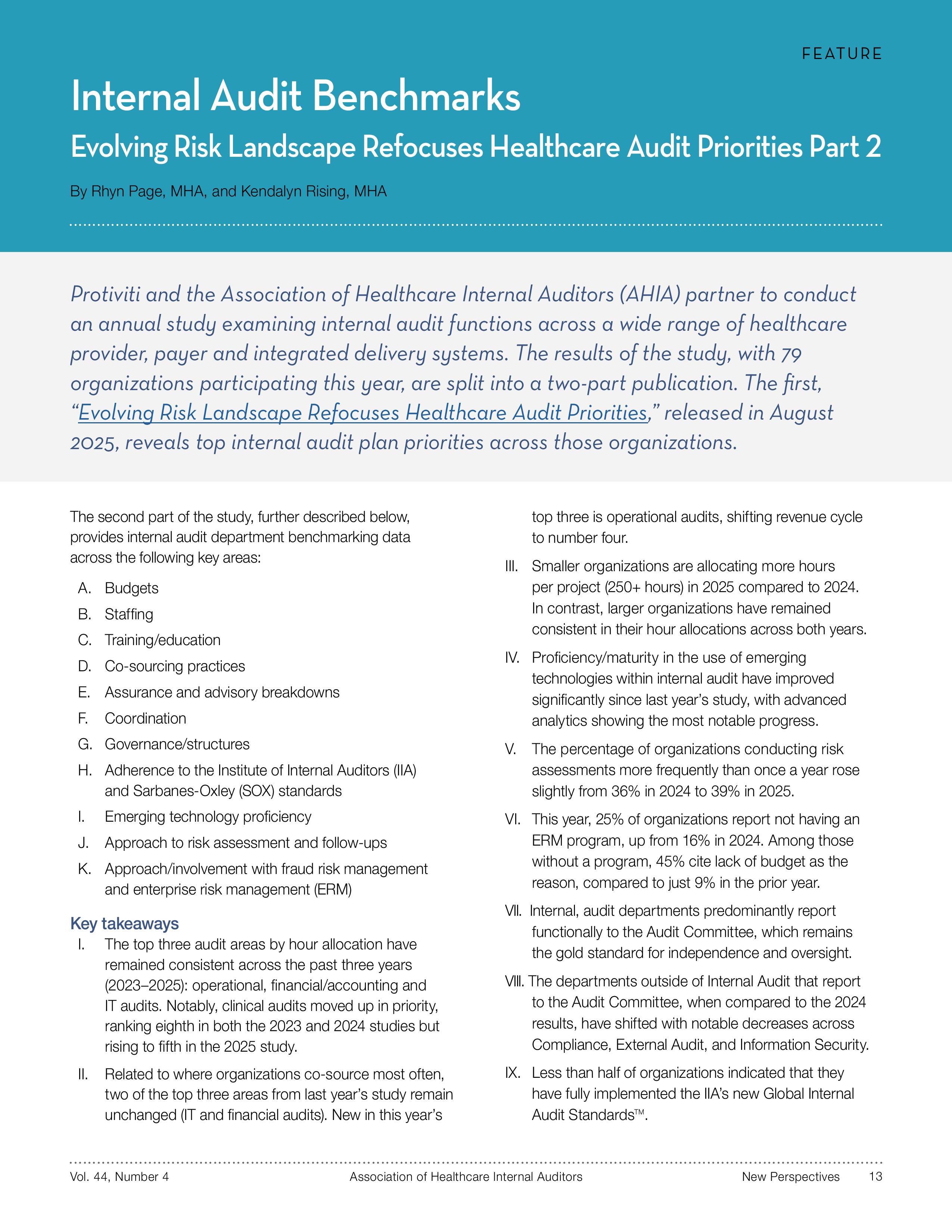 screenshot of the first page of Internal Audit Benchmarks Evolving Risk Landscape Refocuses Healthcare Audit Priorities