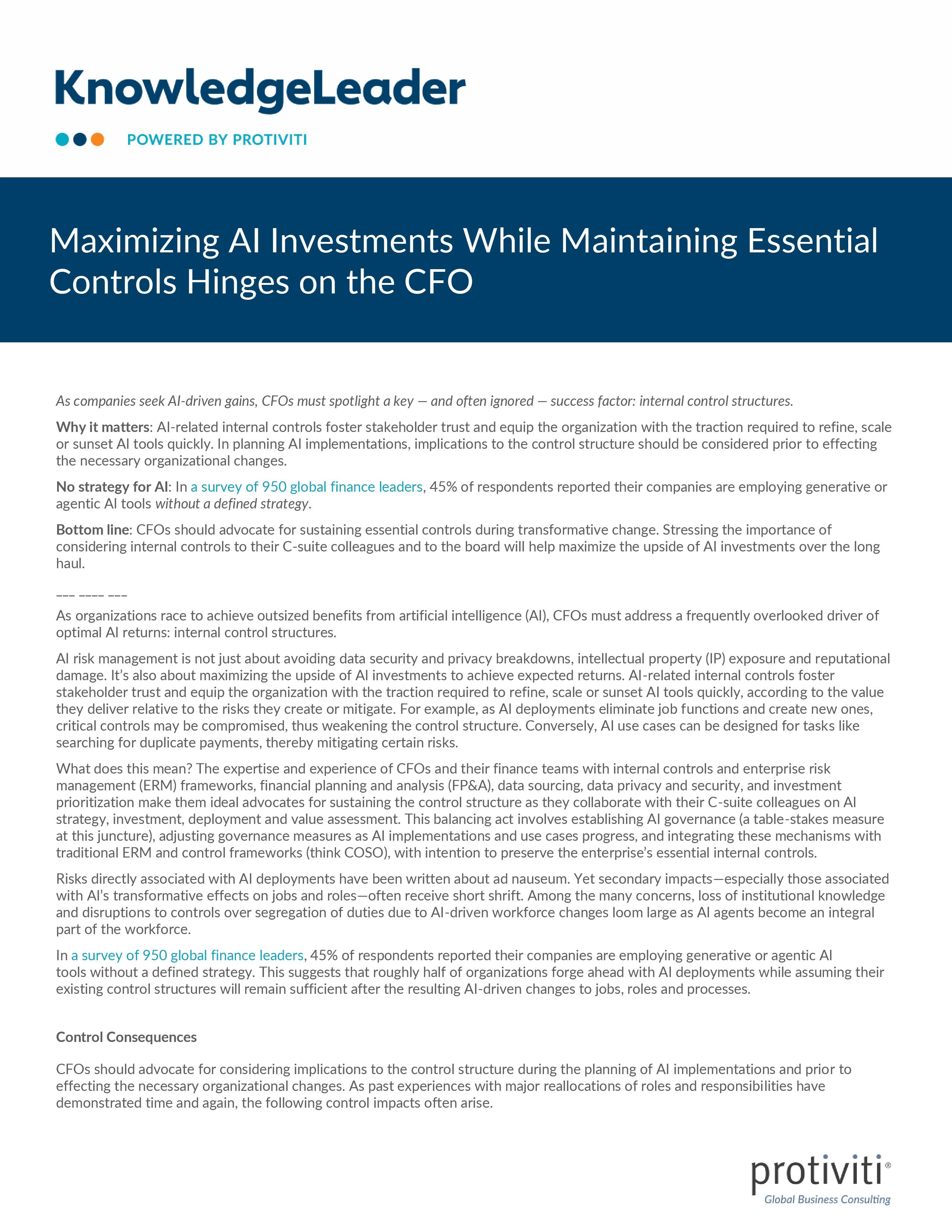 screenshot of the first page of Maximizing AI Investments While Maintaining Essential Controls Hinges on the CFO