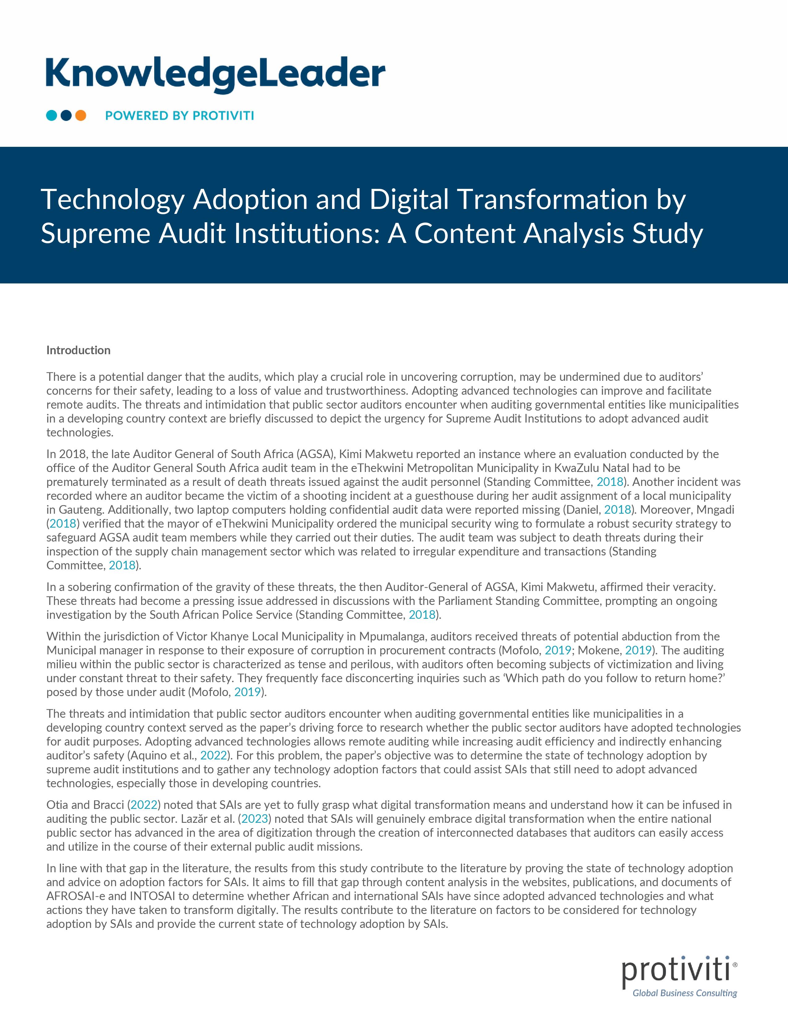 screenshot of the first page of Technology Adoption and Digital Transformation by Supreme Audit Institutions: A Content Analysis Study