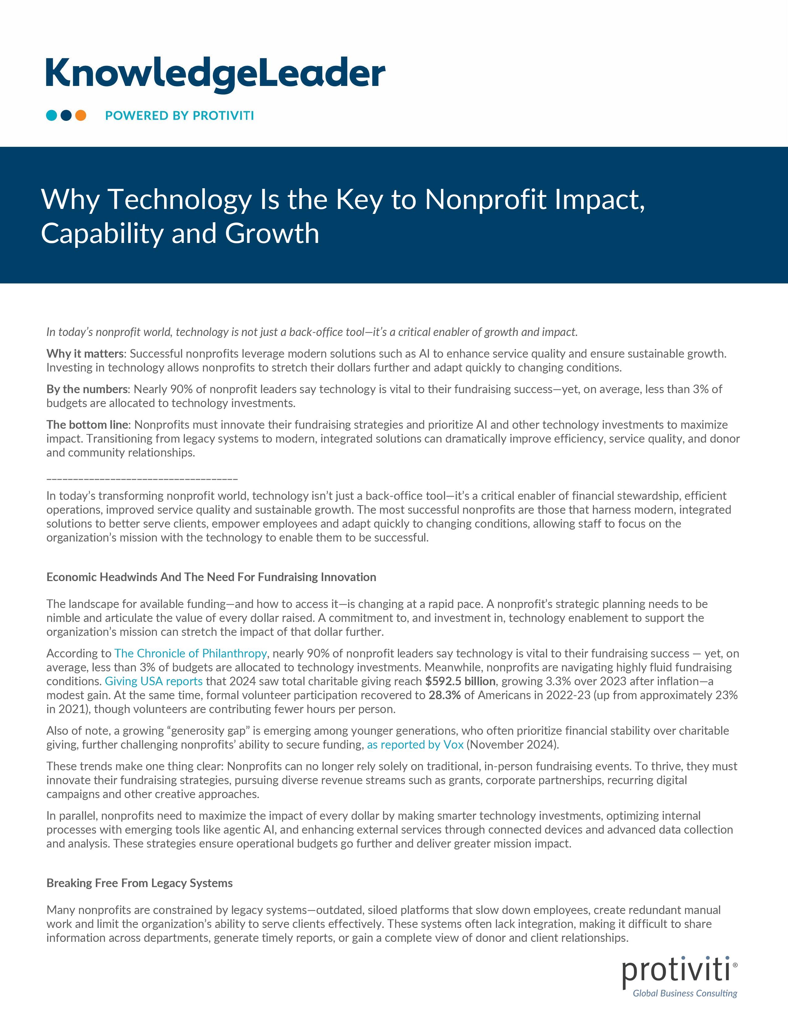 screenshot of the first page of Why Technology Is the Key to Nonprofit Impact, Capability and Growth