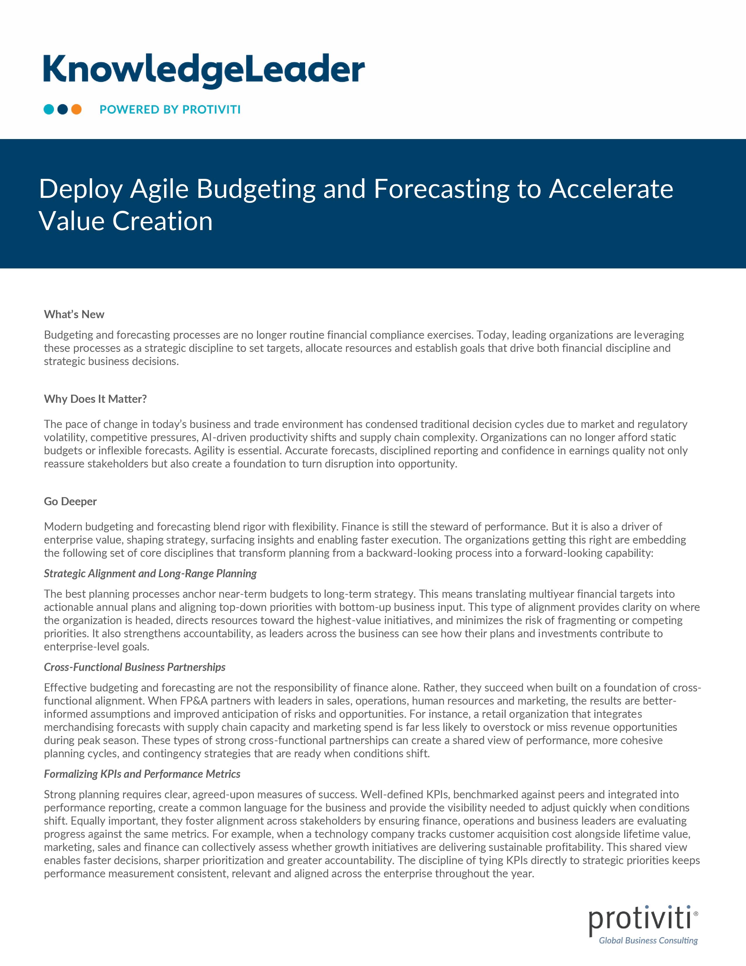 screenshot of the first page of Deploy Agile Budgeting and Forecasting to Accelerate Value Creation