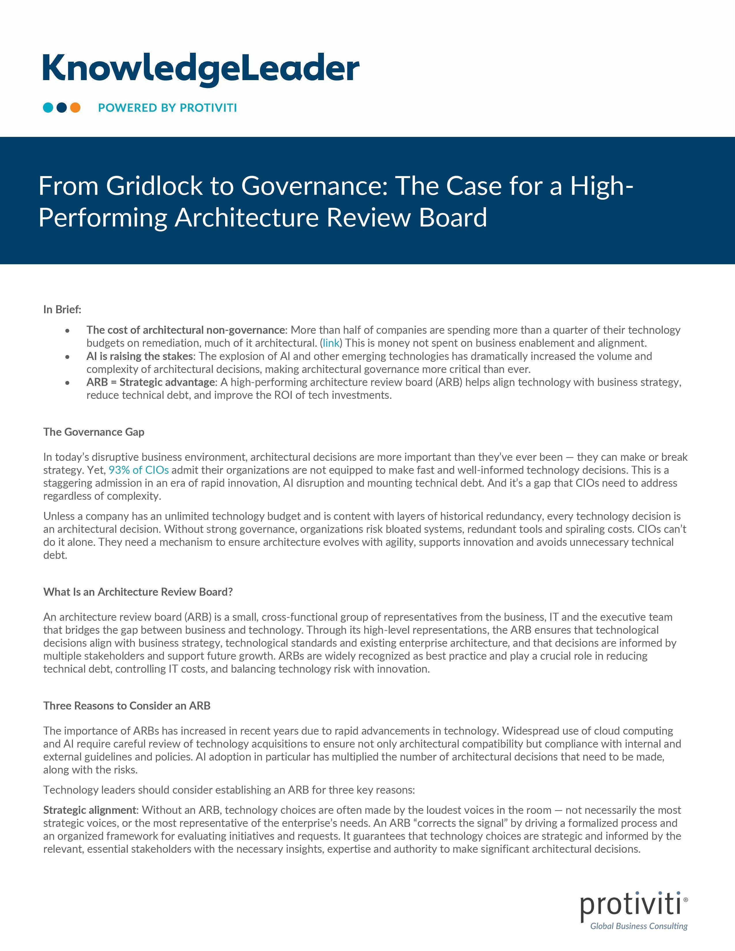screenshot of the first page of From Gridlock to Governance The Case for a High-Performing Architecture Review Board
