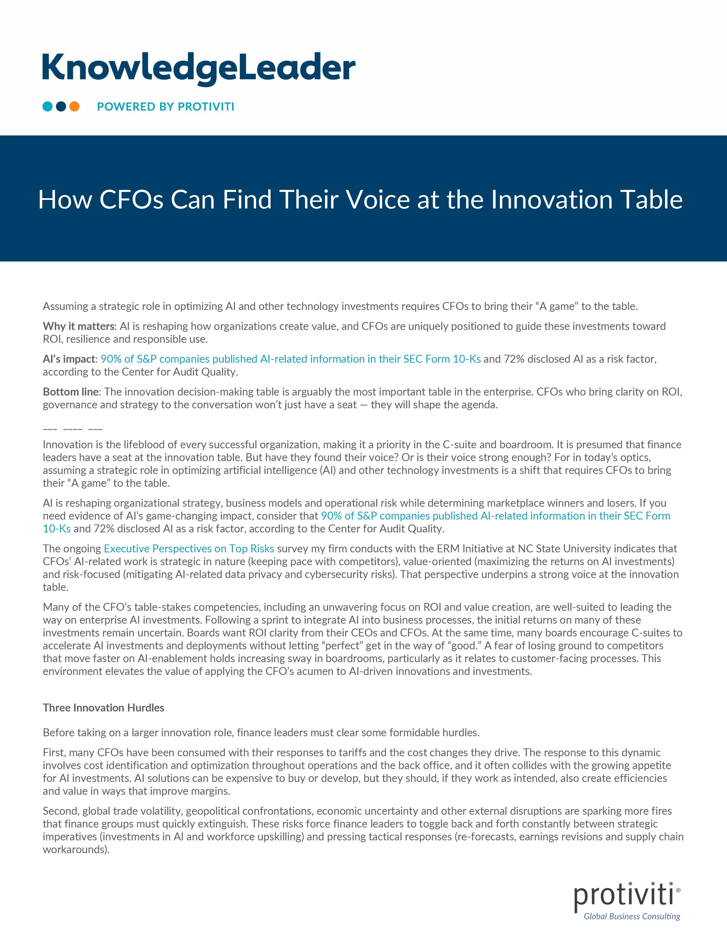 screenshot of the first page of How CFOs Can Find Their Voice at the Innovation Table