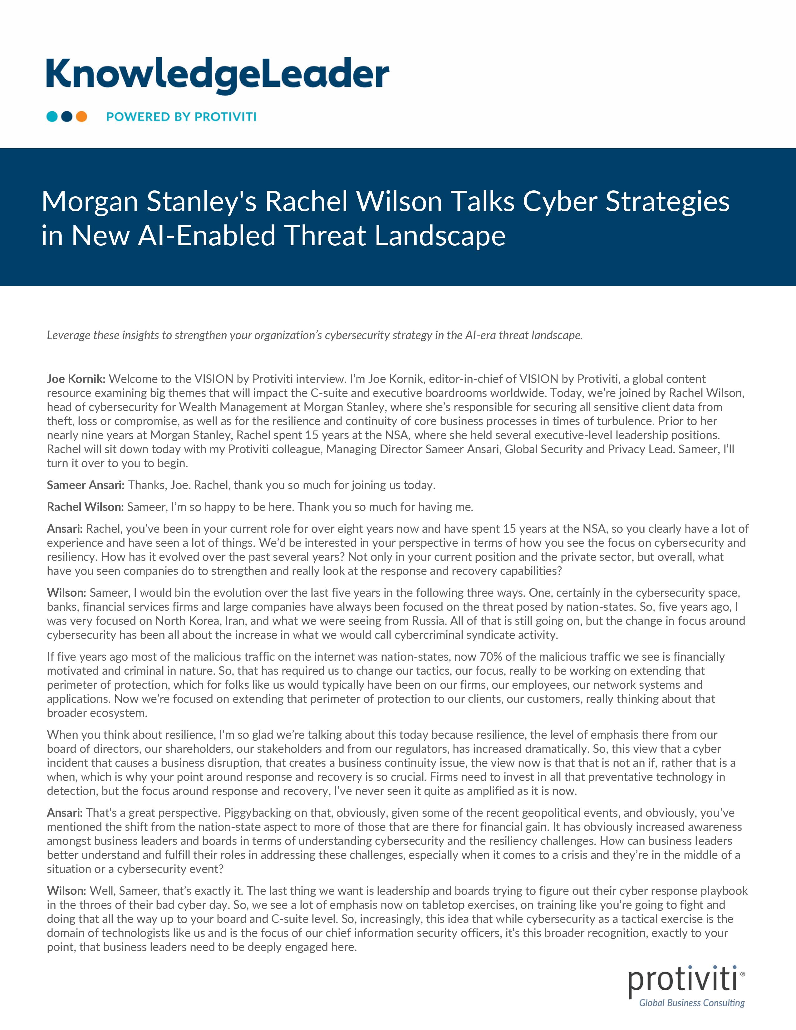 screenshot of the first page of Morgan Stanley's Rachel Wilson Talks Cyber Strategies in New AI-Enabled Threat Landscape