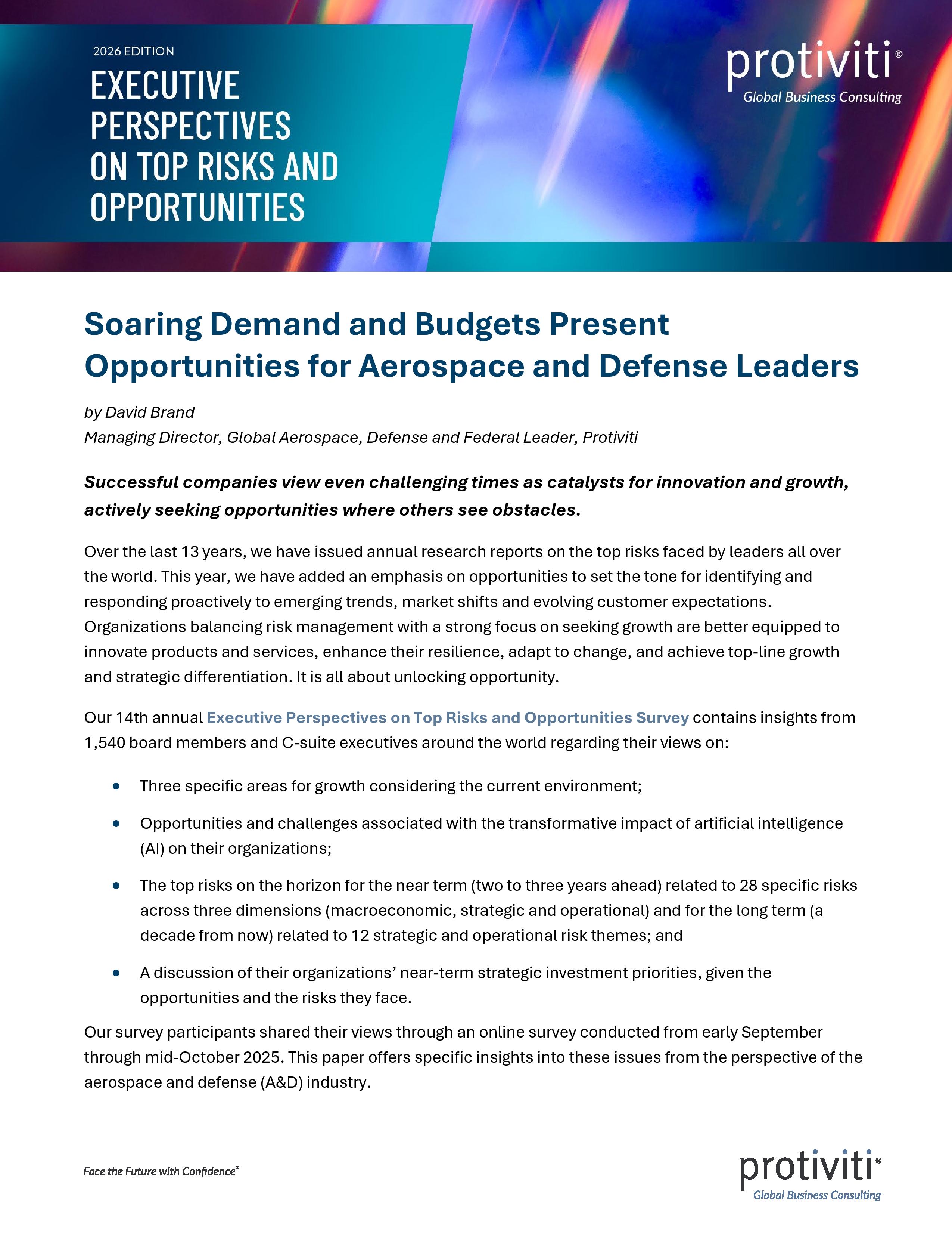 screenshot of the first page of Soaring Demand and Budgets Present Opportunities for Aerospace and Defense Leaders