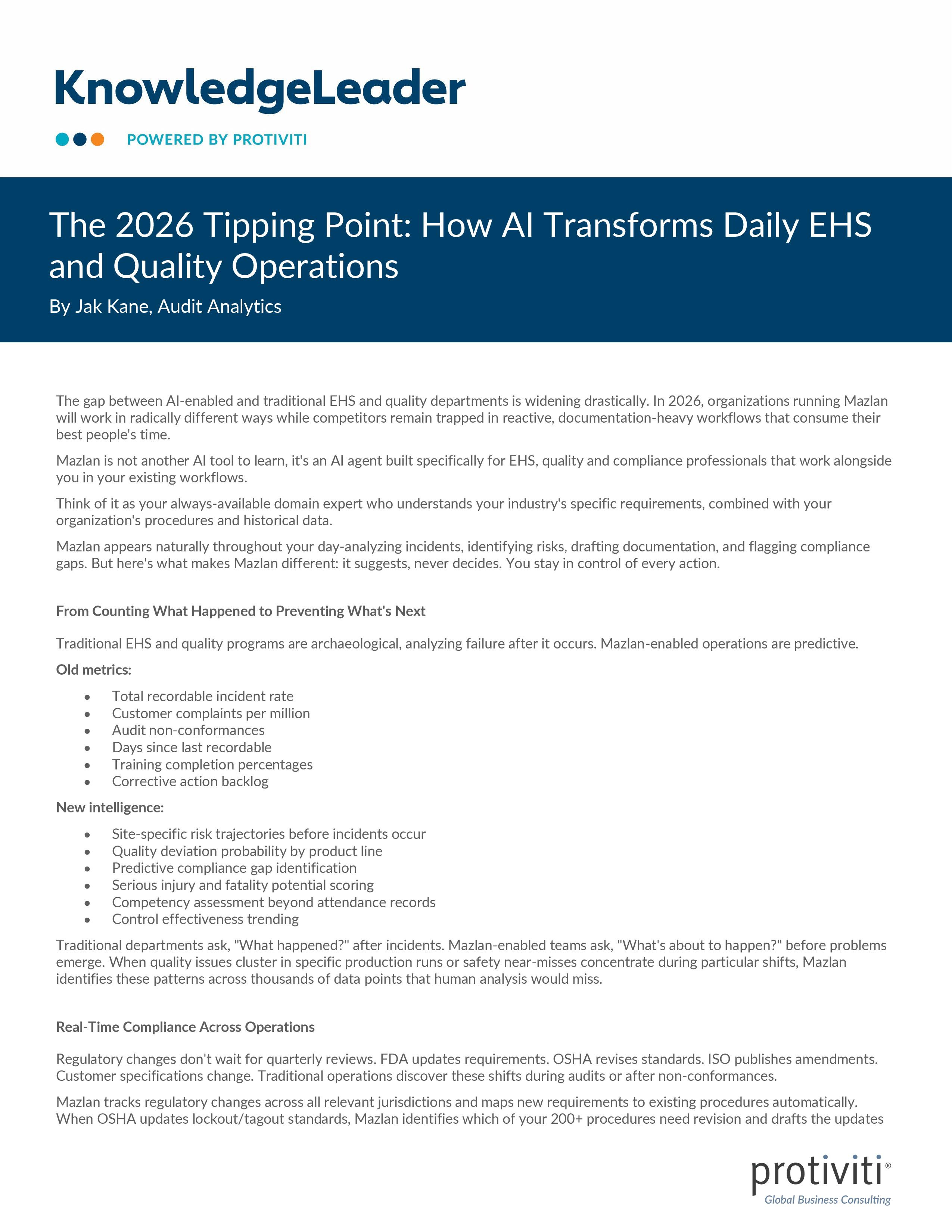 screenshot of the first page of The 2026 Tipping Point How AI Transforms Daily EHS & Quality Operations