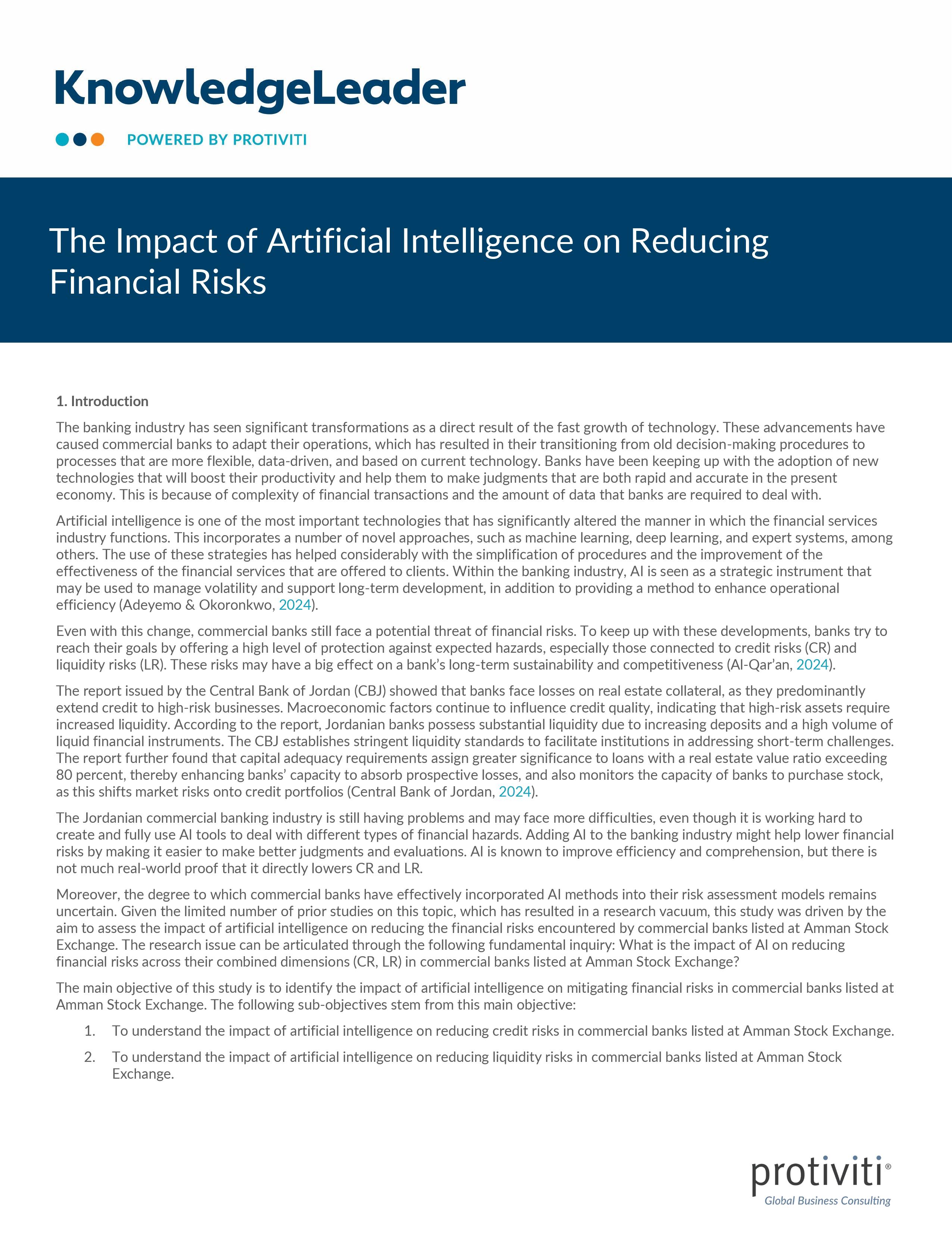 screenshot of the first page of The Impact of Artificial Intelligence on Reducing Financial Risks