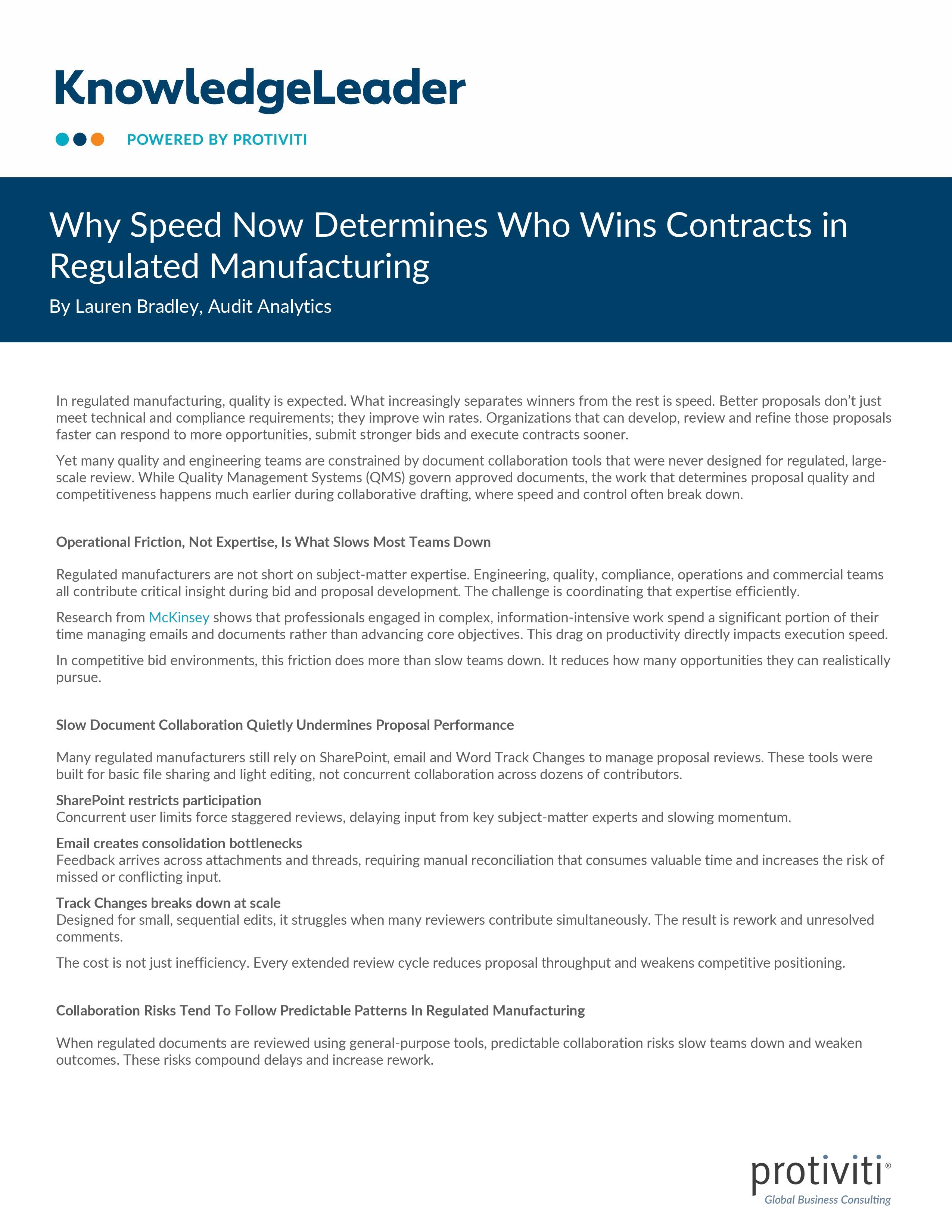 screenshot of the first page of Why Speed Now Determines Who Wins Contracts in Regulated Manufacturing