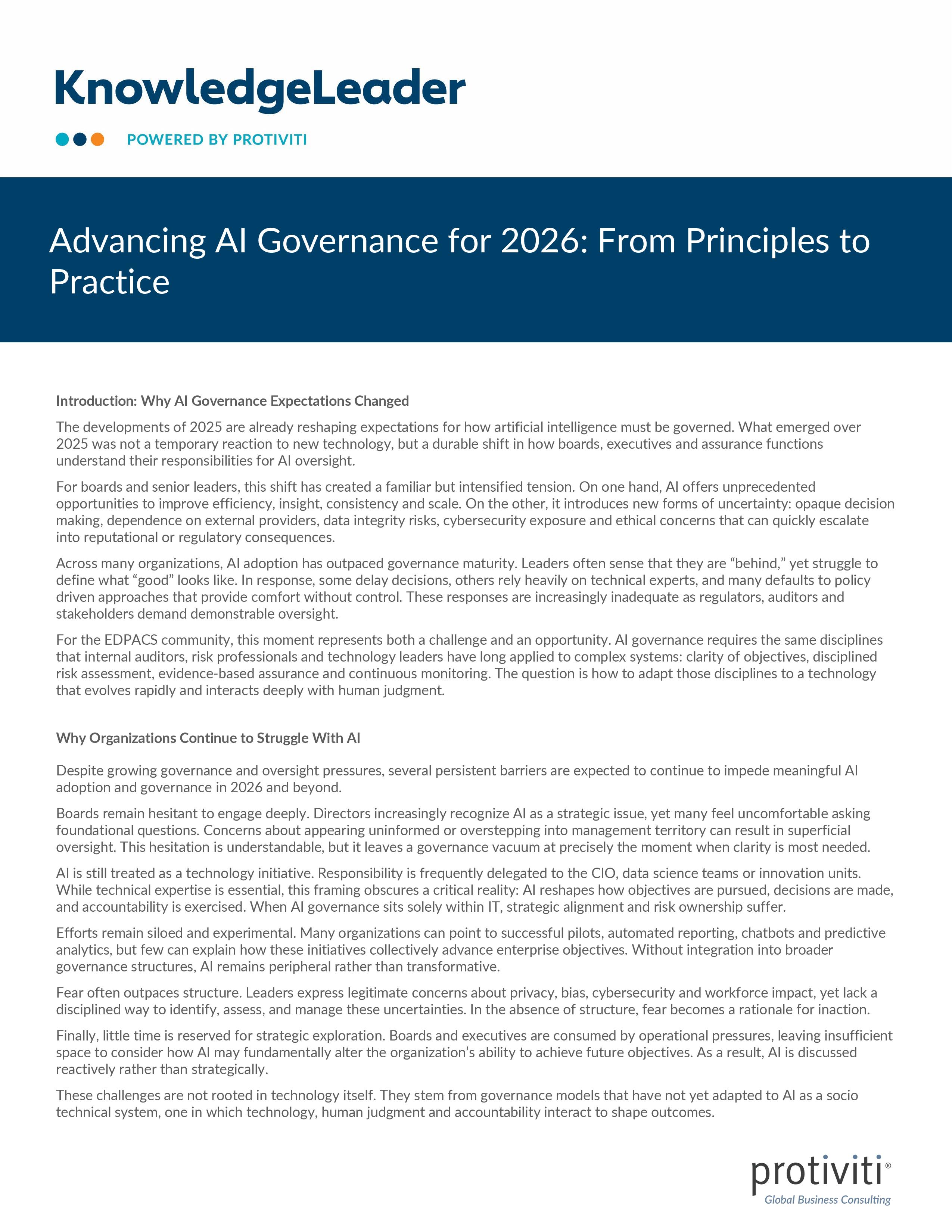 screenshot of the first page of Advancing AI Governance for 2026
