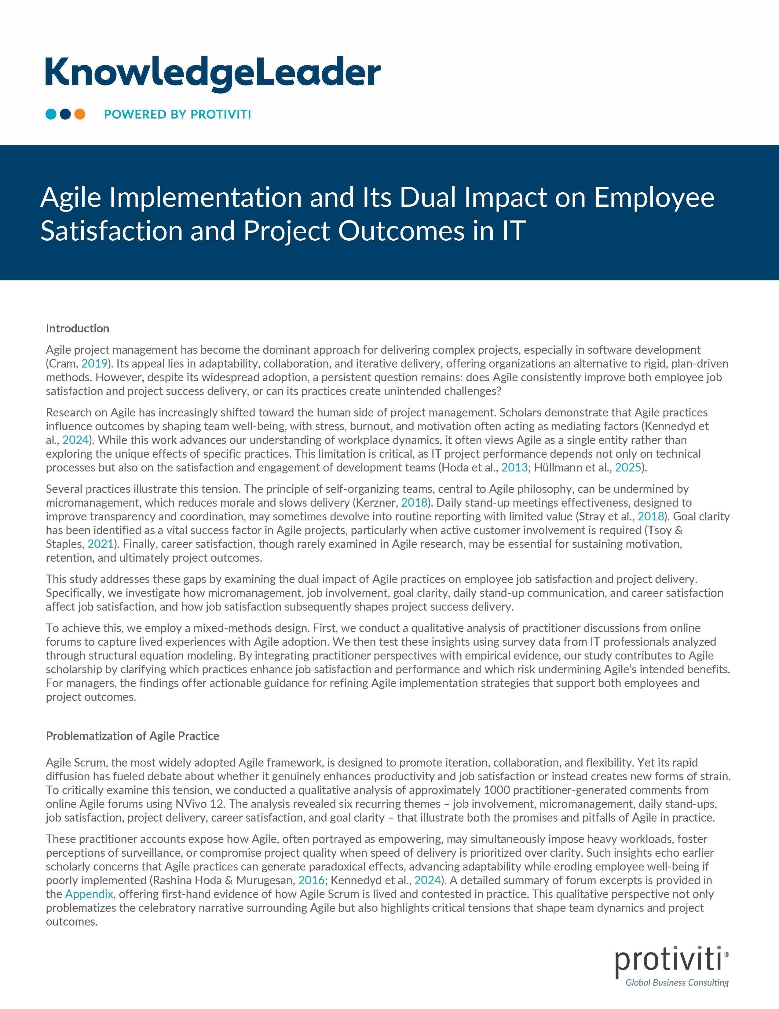 screenshot of the first page of Agile Implementation and Its Dual Impact on Employee Satisfaction and Project Outcomes in IT