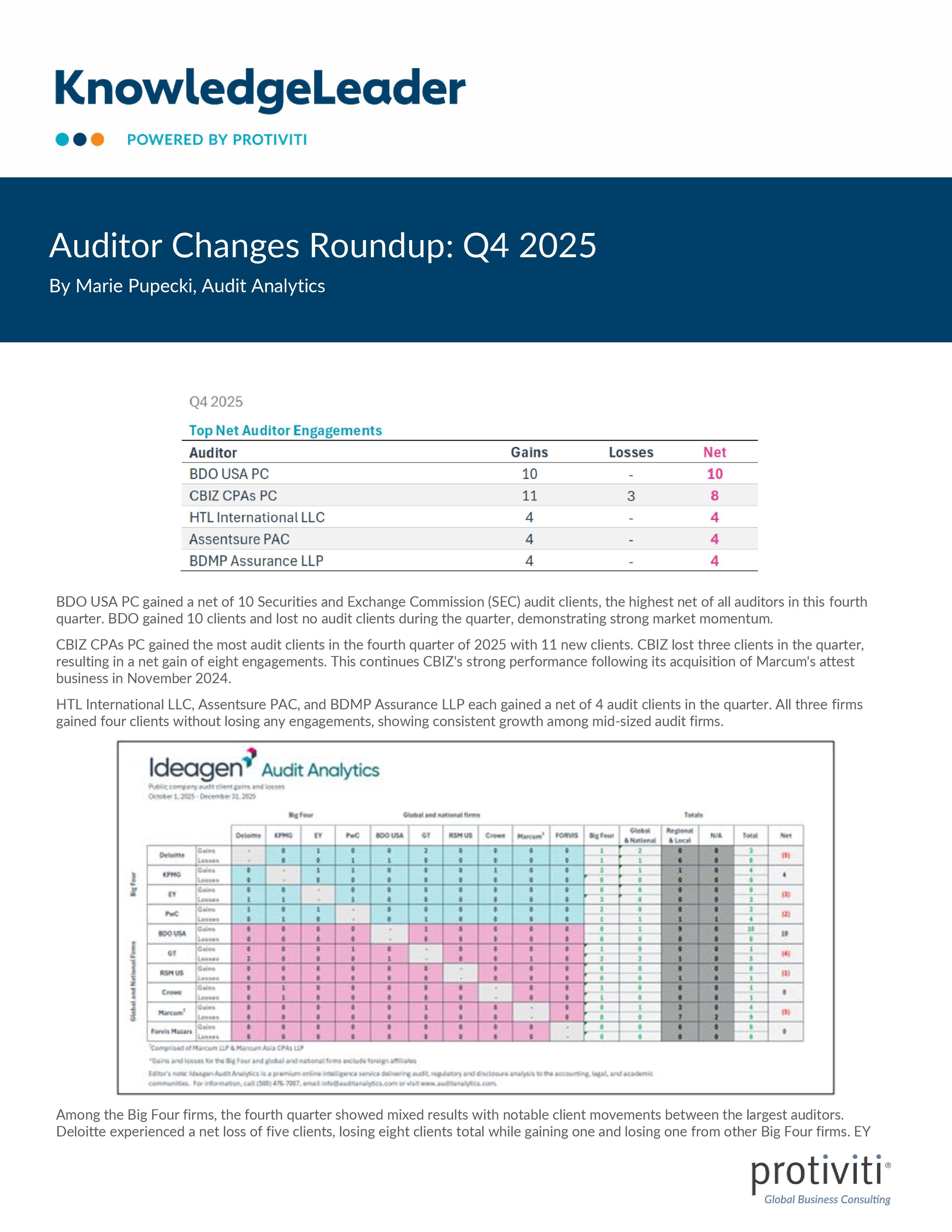 Screenshot of the first image of Auditor Changes Roundup Q4 2025