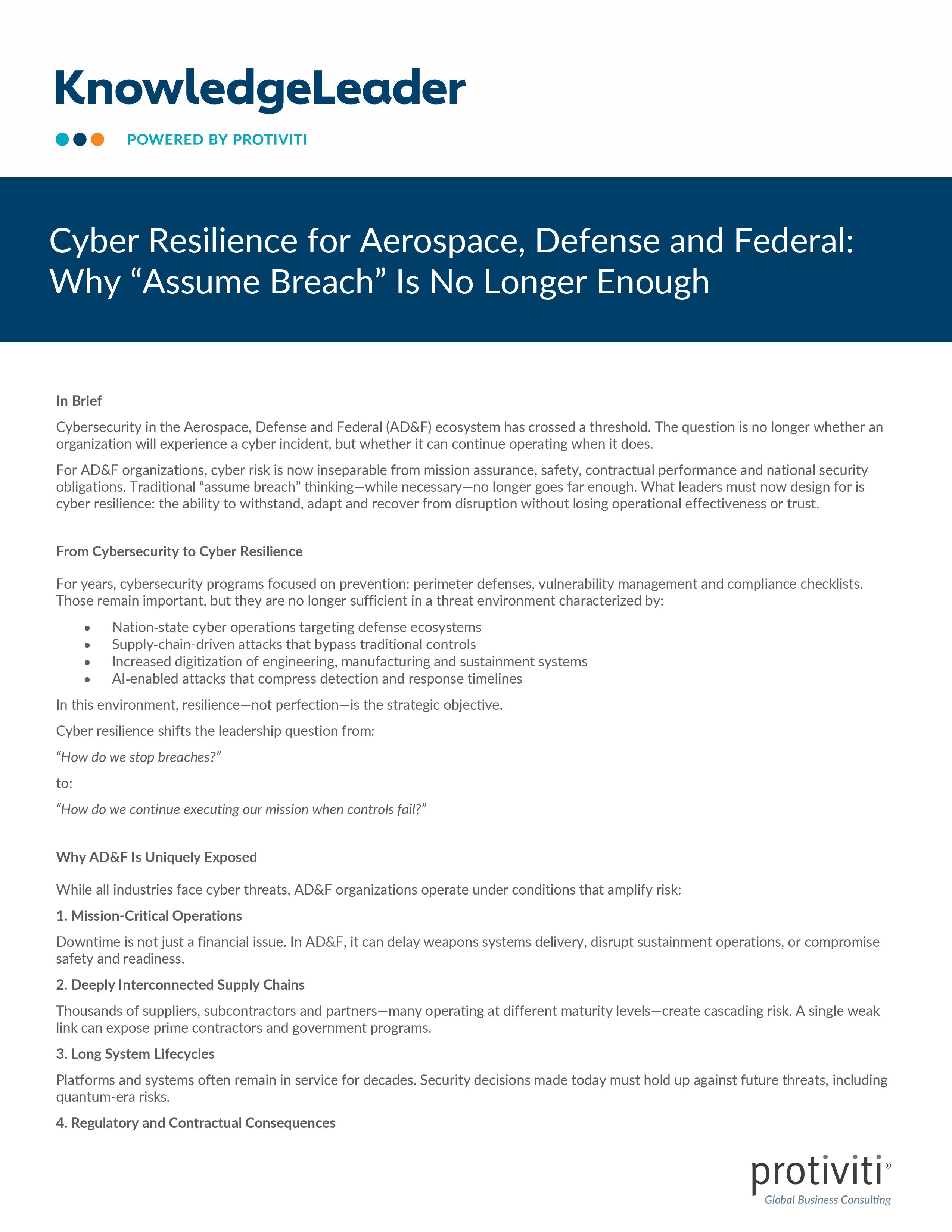 screenshot of the first page of Cyber Resilience for Aerospace Defense and Federal Why Assume Breach Is No Longer Enough