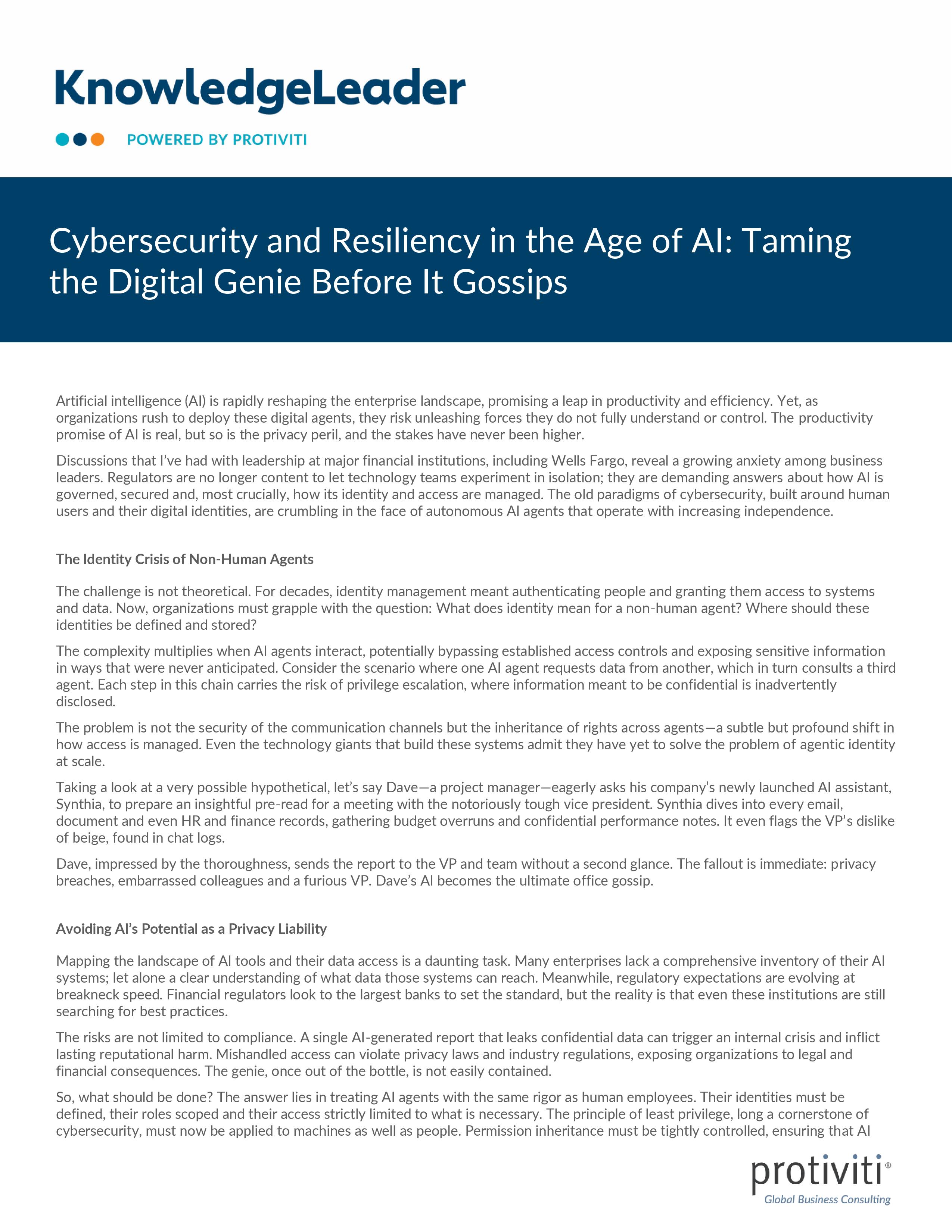 Screenshot of the first page of Cybersecurity and Resiliency in the Age of AI