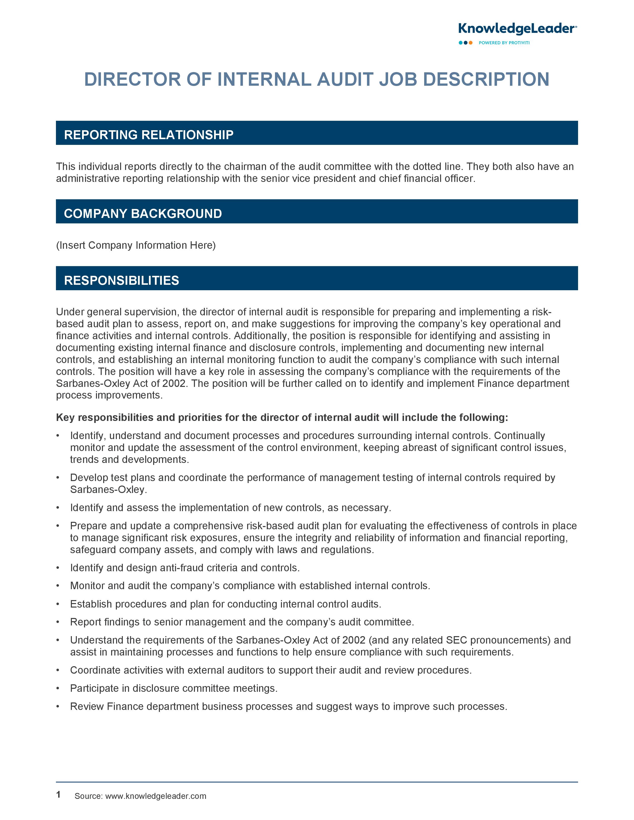 screenshot of the first page of Director of Internal Audit Job Description