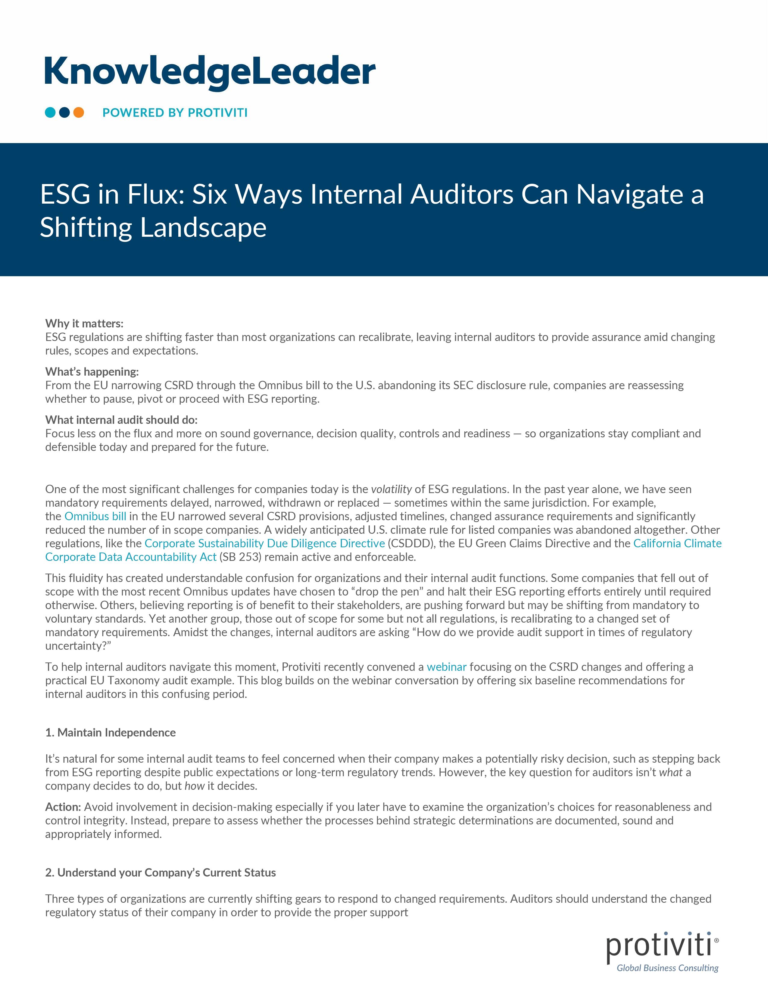 screenshot of the first page of ESG in Flux Six Ways Internal Auditors Can Navigate a Shifting Landscape