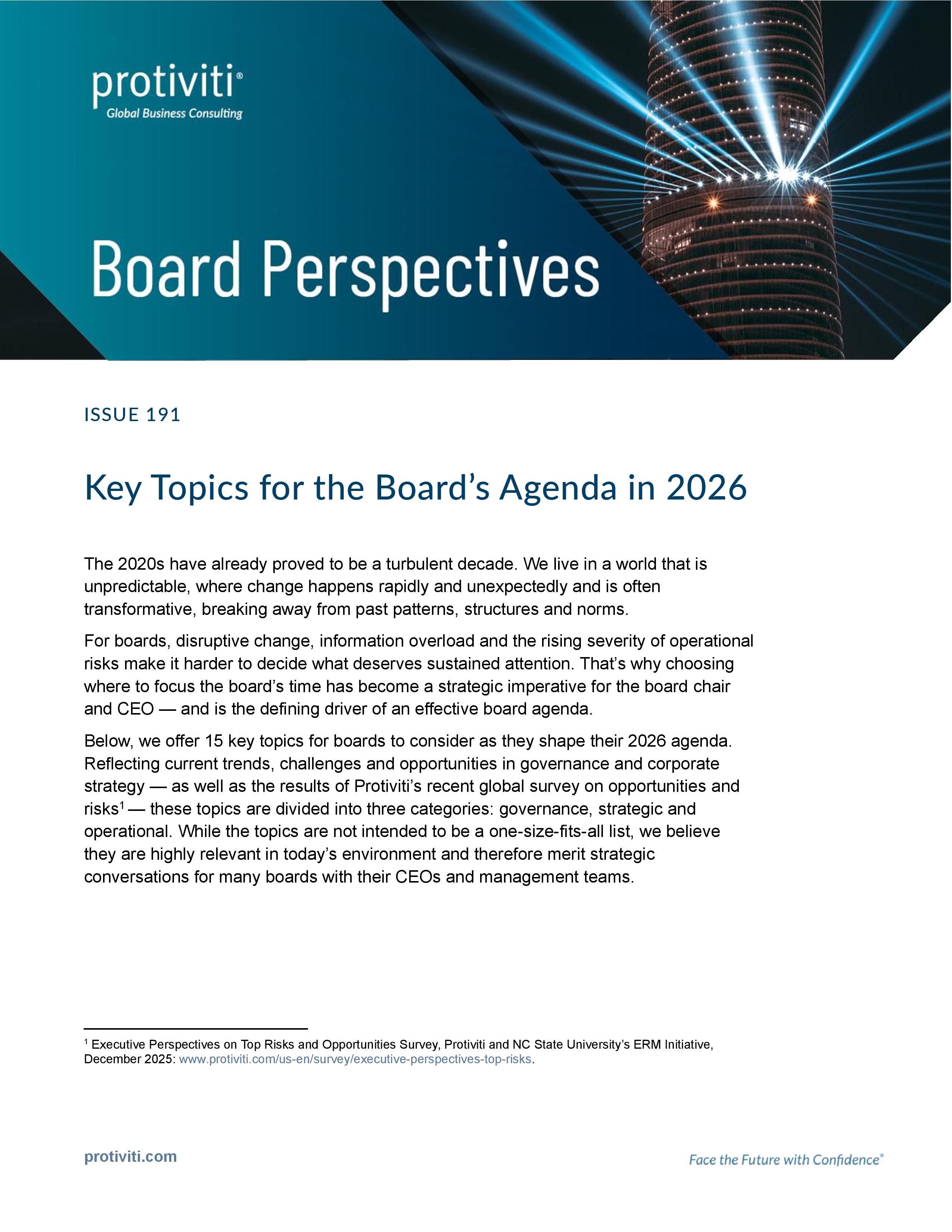 screenshot of the first page of Key Topics for the Board’s Agenda in 2026