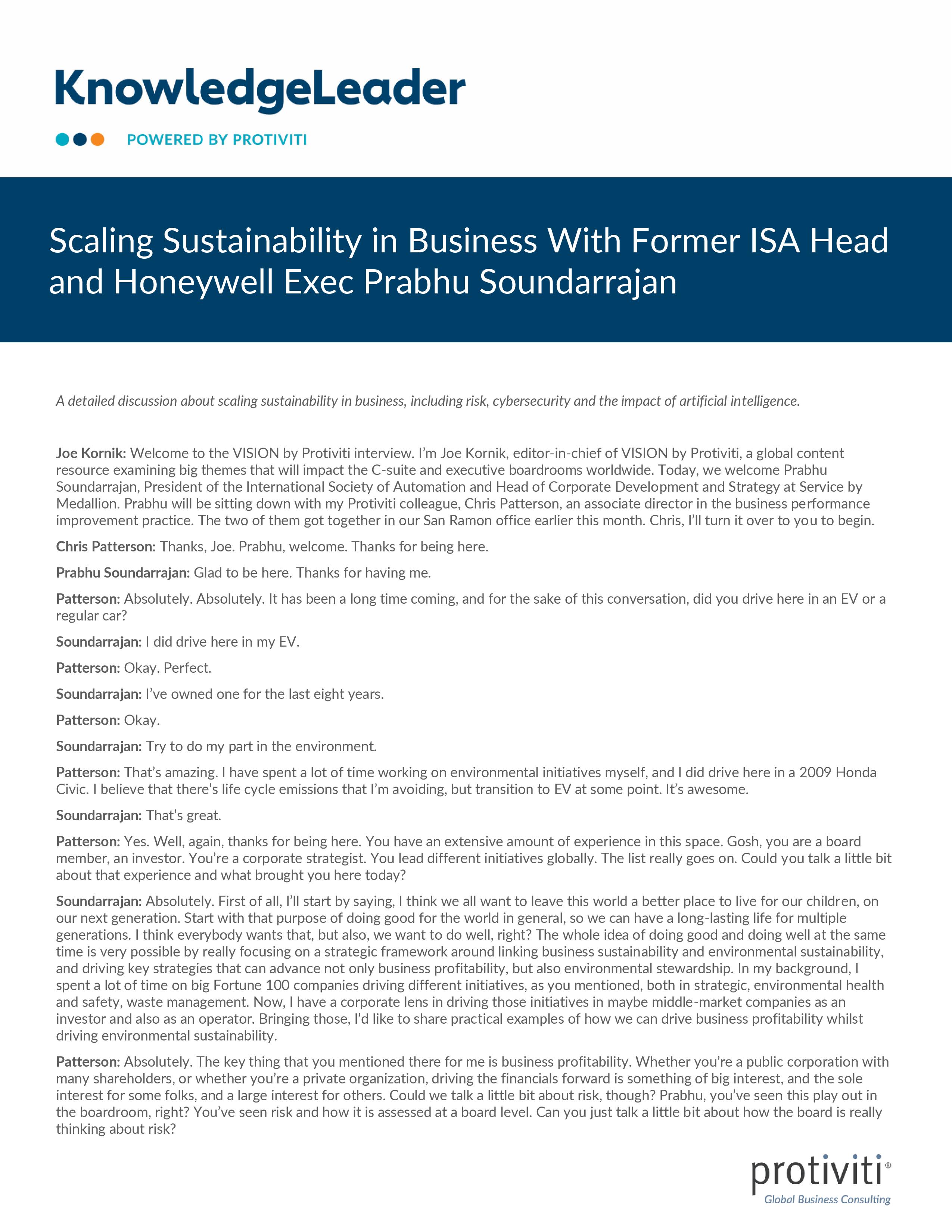 Screenshot of the first page of Scaling Sustainability in Business With Former ISA Head and Honeywell Exec Prabhu Soundarrajan