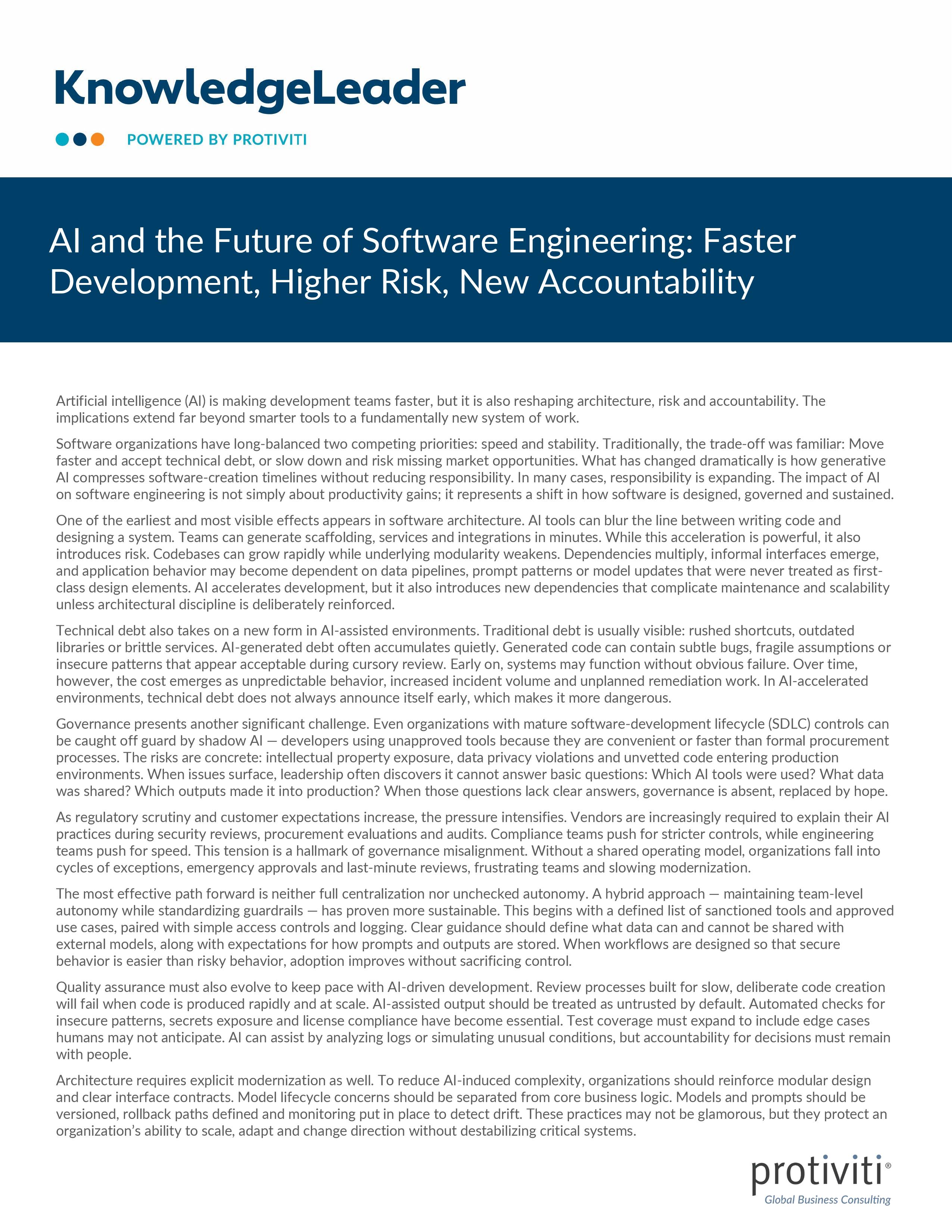 AI and the Future of Software Engineering Faster Development, Higher Risk, New Accountability