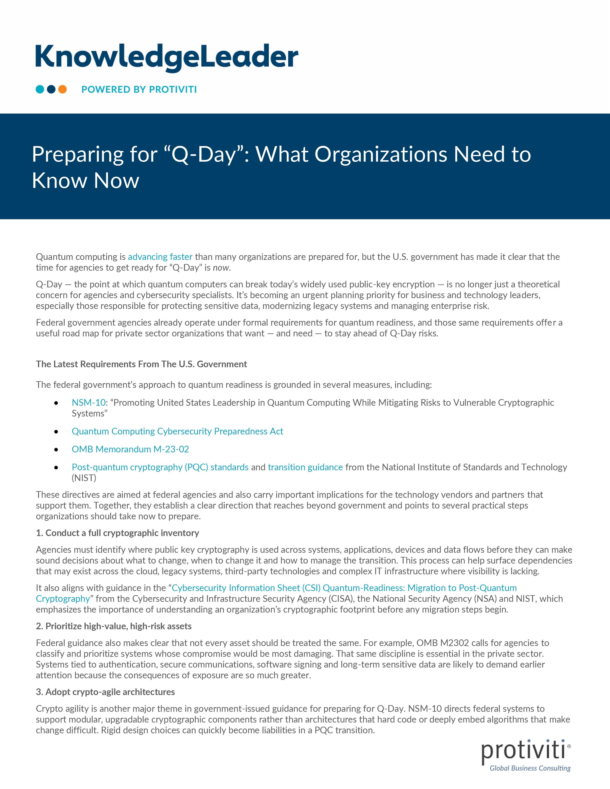 screenshot of the first page of Preparing for “Q-Day”: What Organizations Need to Know Now