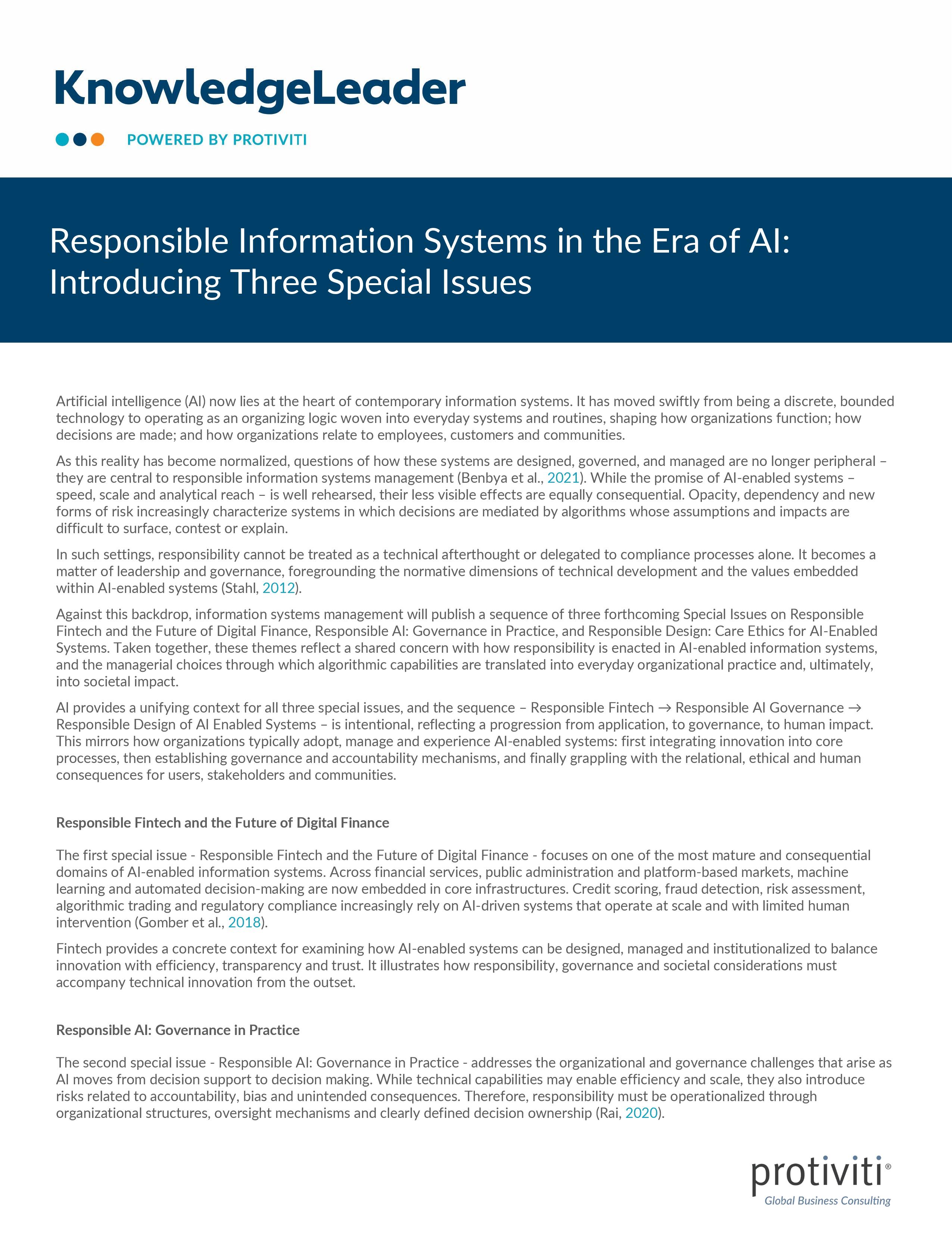 Responsible Information Systems in the Era of AI Introducing Three Special Issues