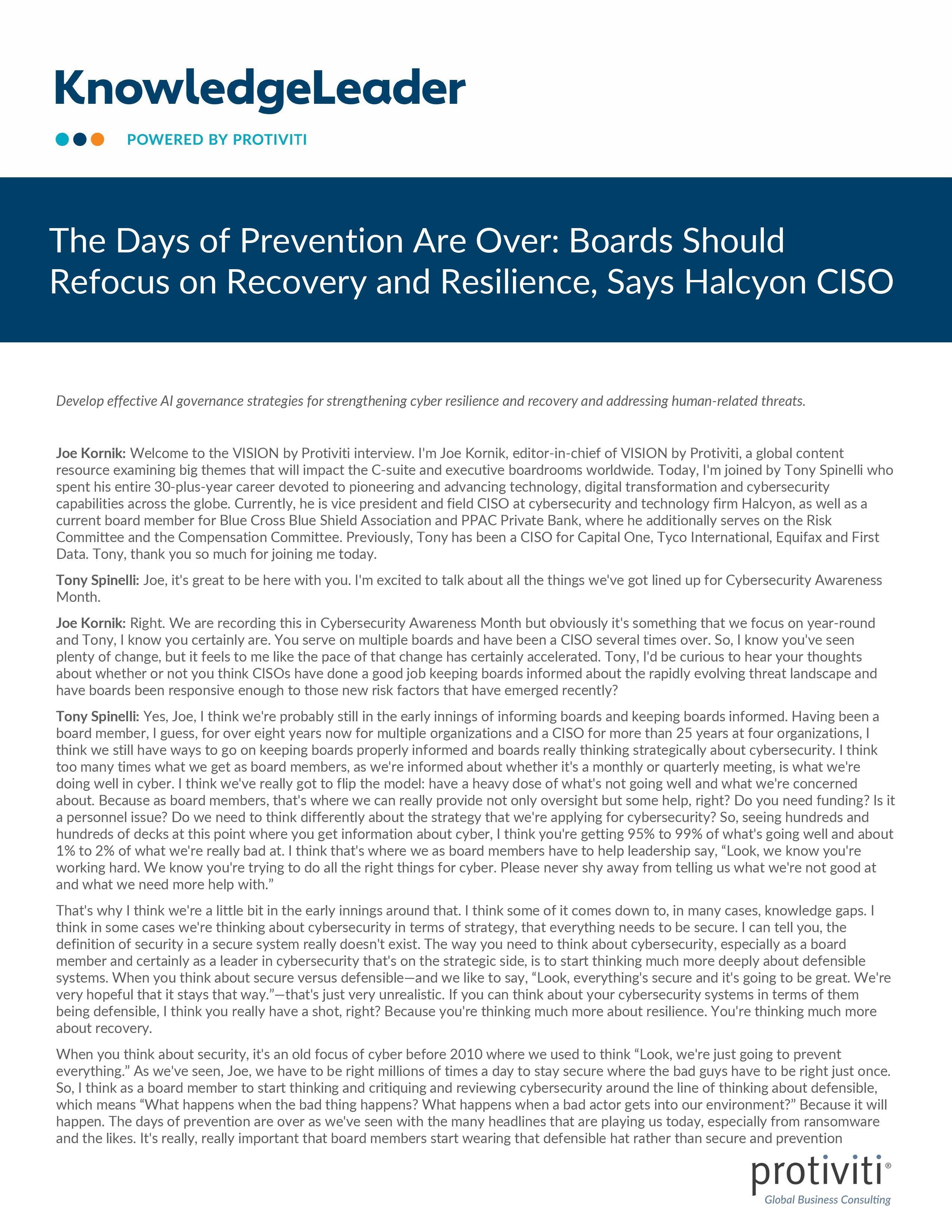 screenshot of the first page of The Days of Prevention Are Over Boards Should Refocus on Recovery and Resilience, Says Halcyon CISO