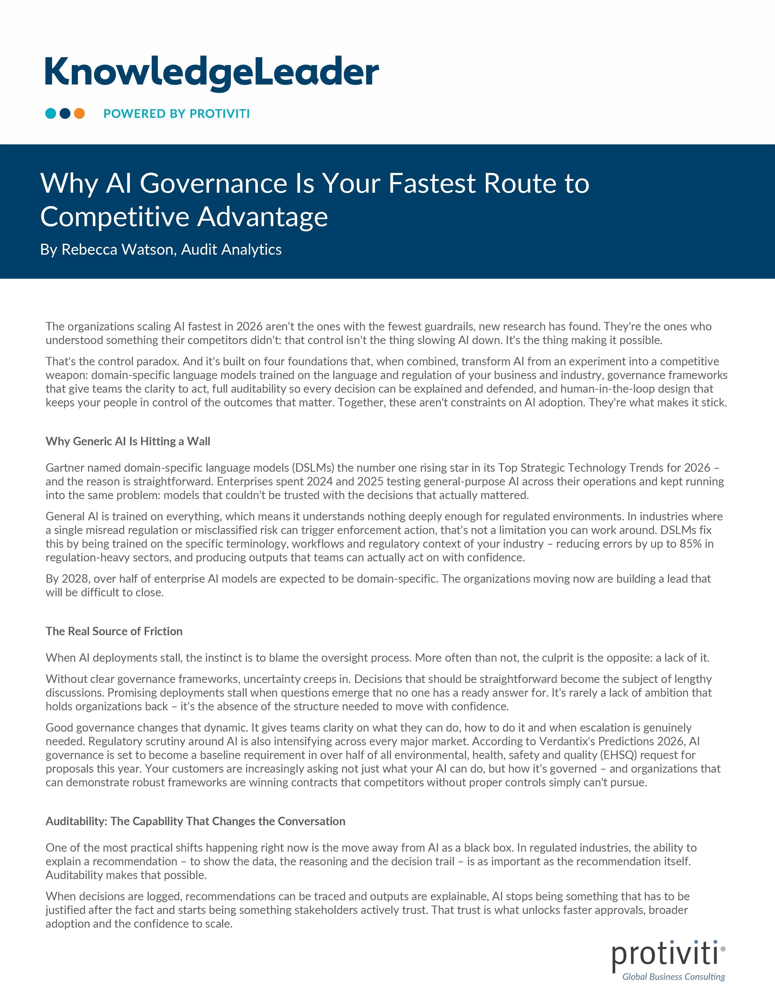 screenshot of the first page of Why AI Governance Is Your Fastest Route to Competitive Advantage