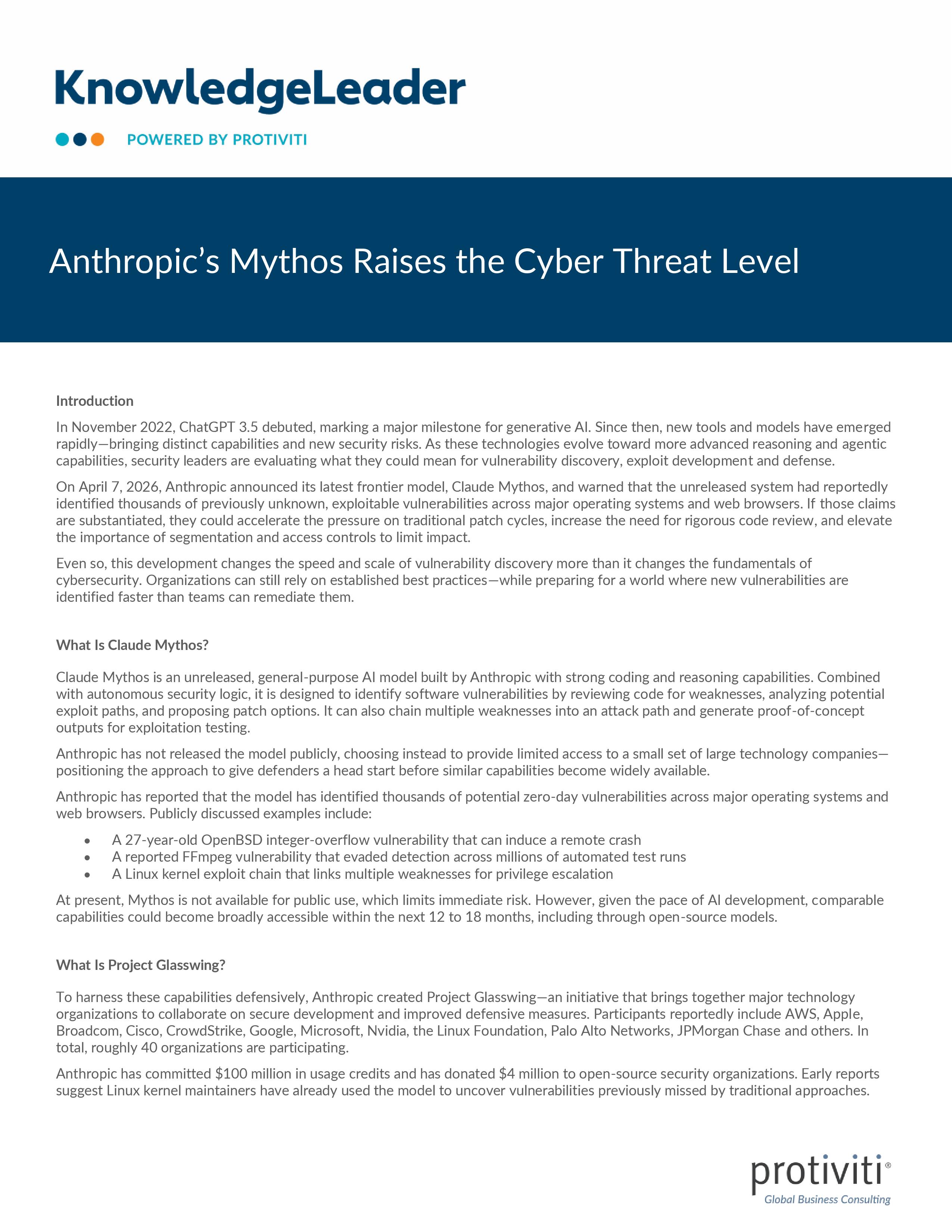 screenshot of the first page of Anthropic’s Mythos Raises the Cyber Threat Level