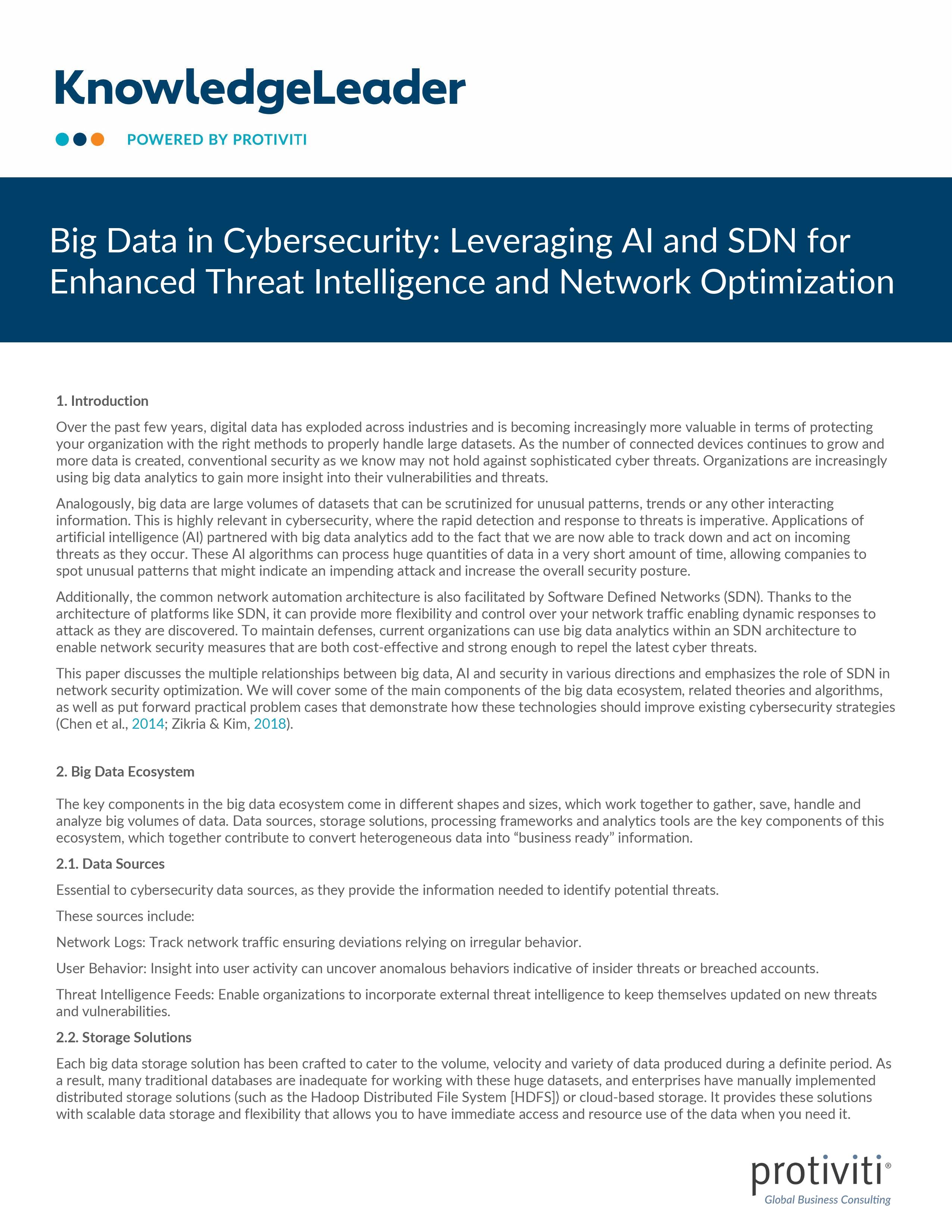 Big Data in Cybersecurity Leveraging AI and SDN for Enhanced Threat Intelligence and Network Optimization
