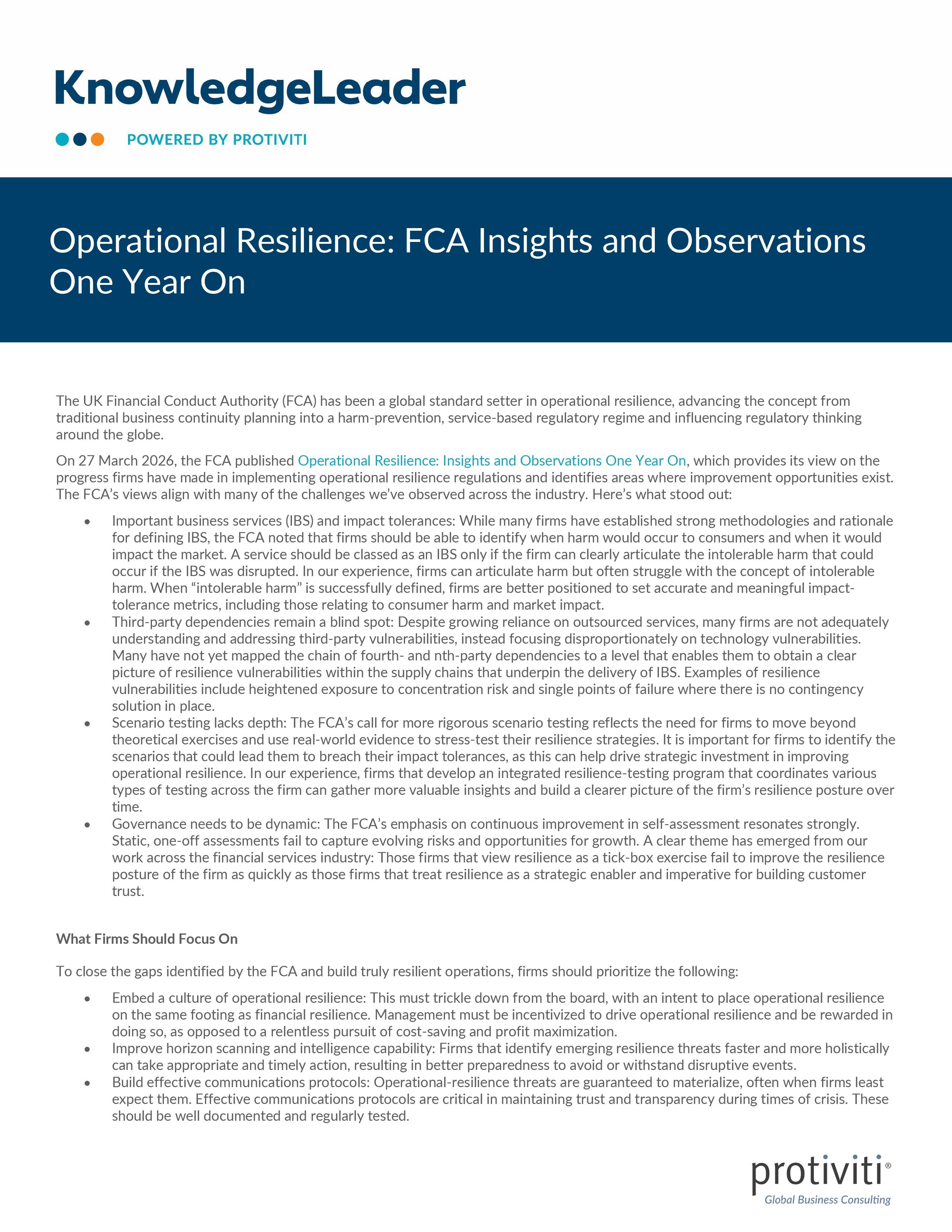 Operational Resilience FCA Insights and Observations One Year On