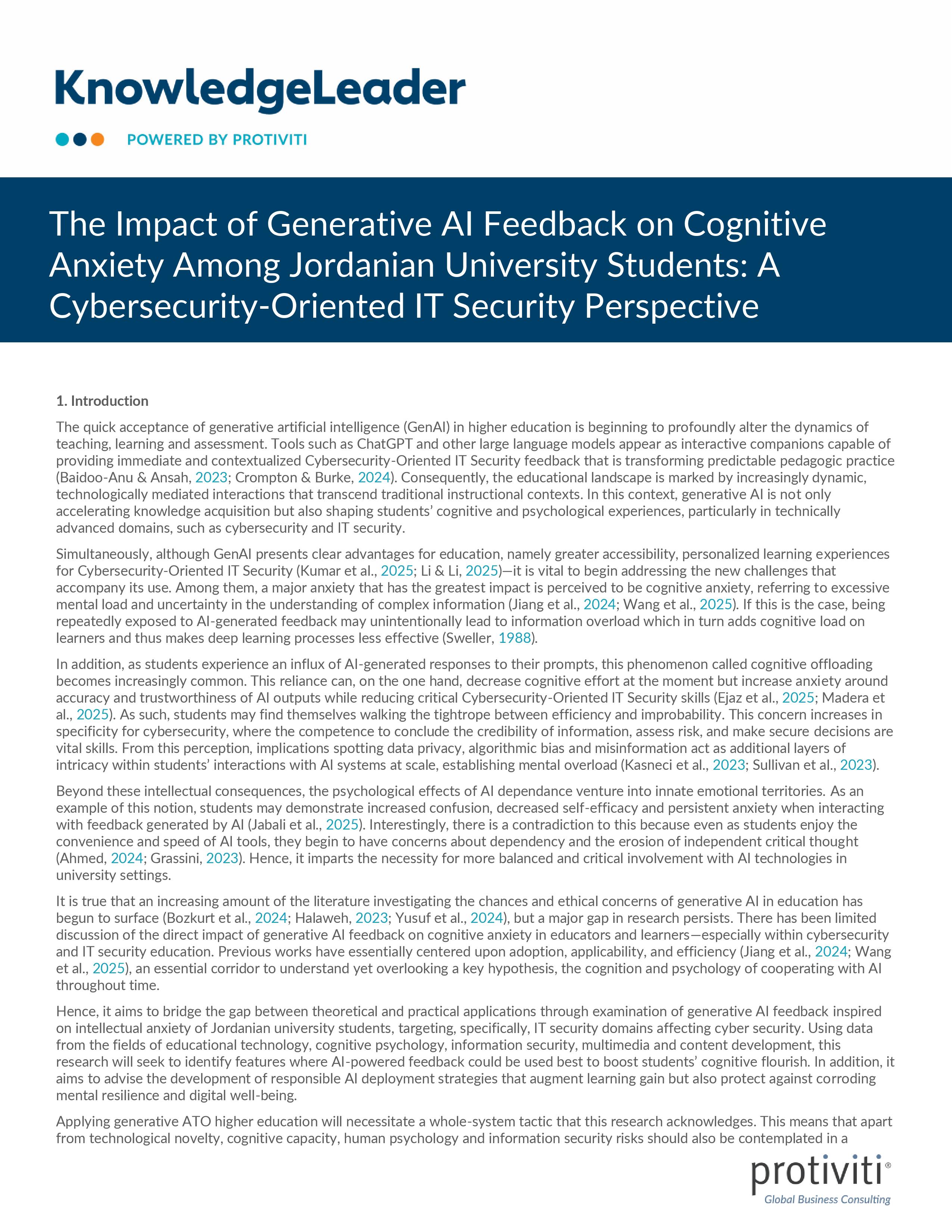 screenshot of the first page of The Impact of Generative AI Feedback on Cognitive Anxiety Among Jordanian University Students A Cybersecurity-Oriented IT Security Perspective