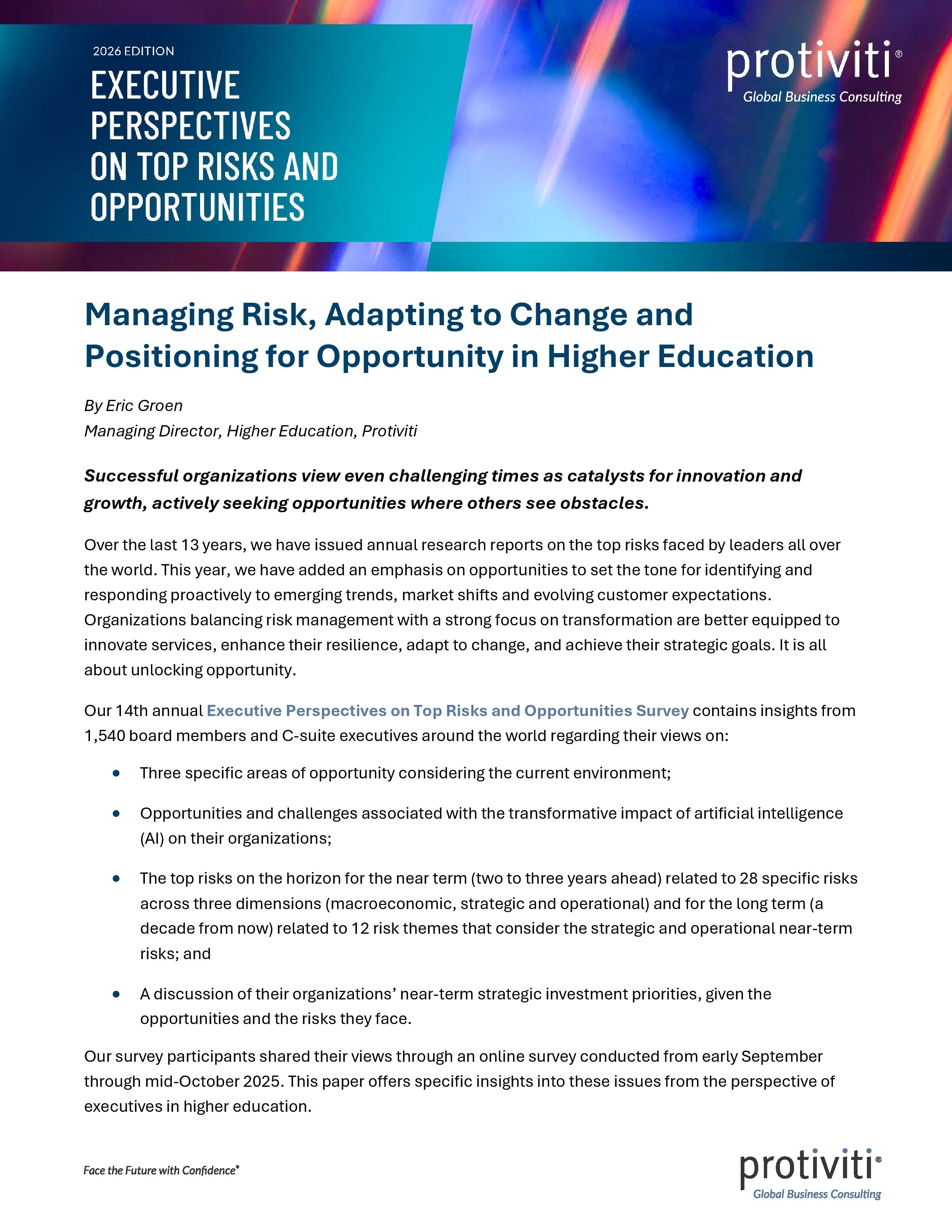 screenshot of the first page of Unlocking Opportunity Executive Perspectives on Top Risks and Opportunities – Higher Education Industry Results