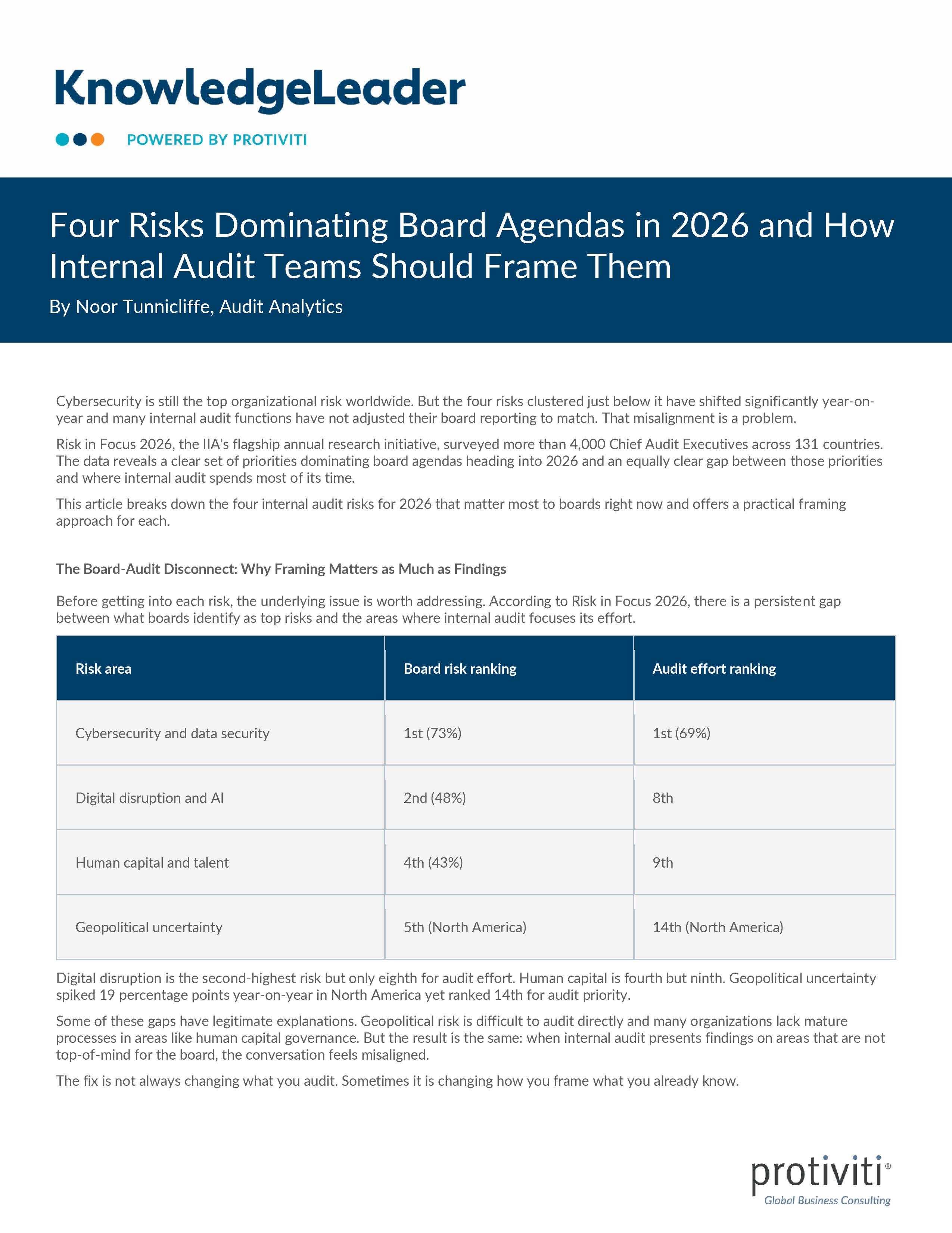 screenshot of the first page of Four Risks Dominating Board Agendas in 2026 and How Internal Audit Teams Should Frame Them