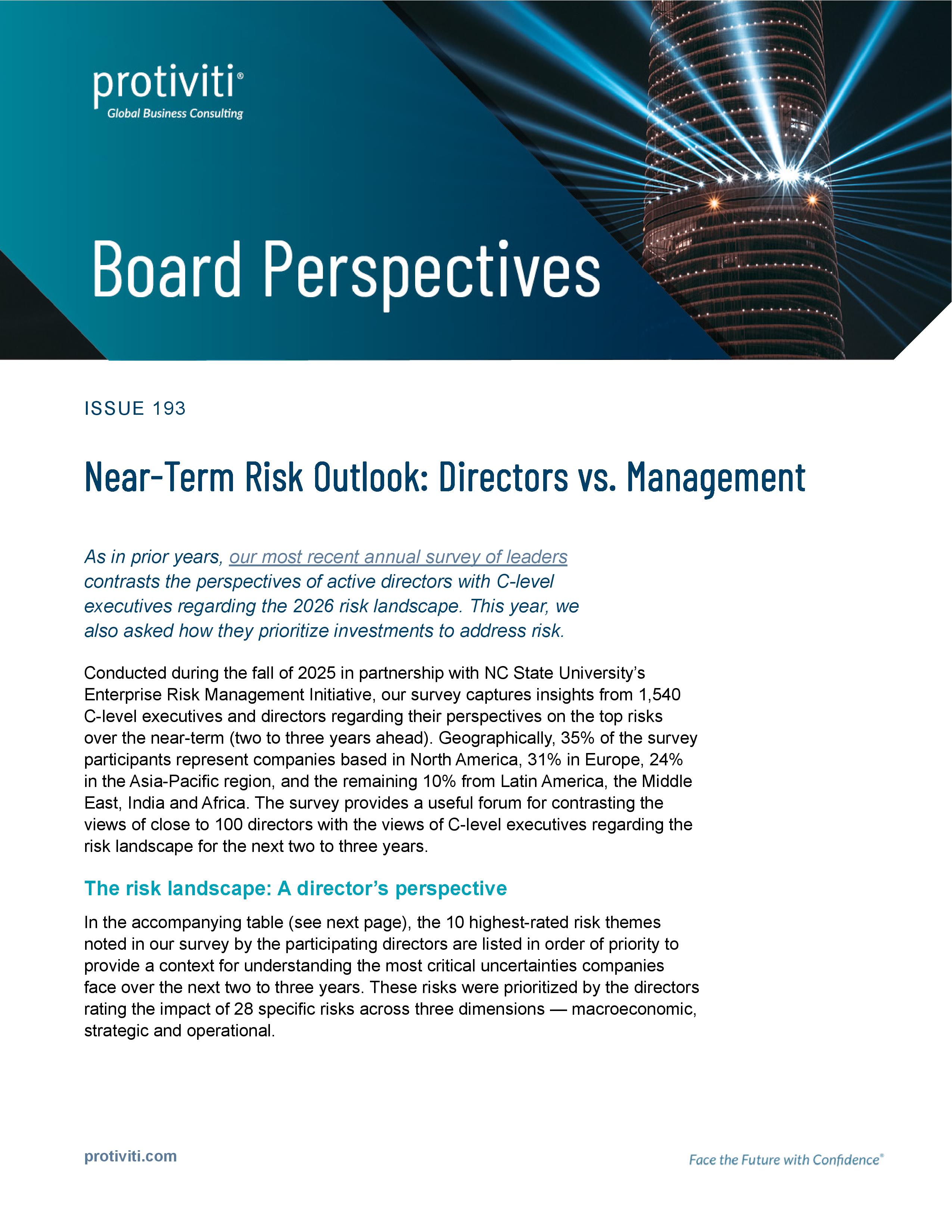 screenshot of the first page of Near-Term Risk Outlook: Directors vs. Management