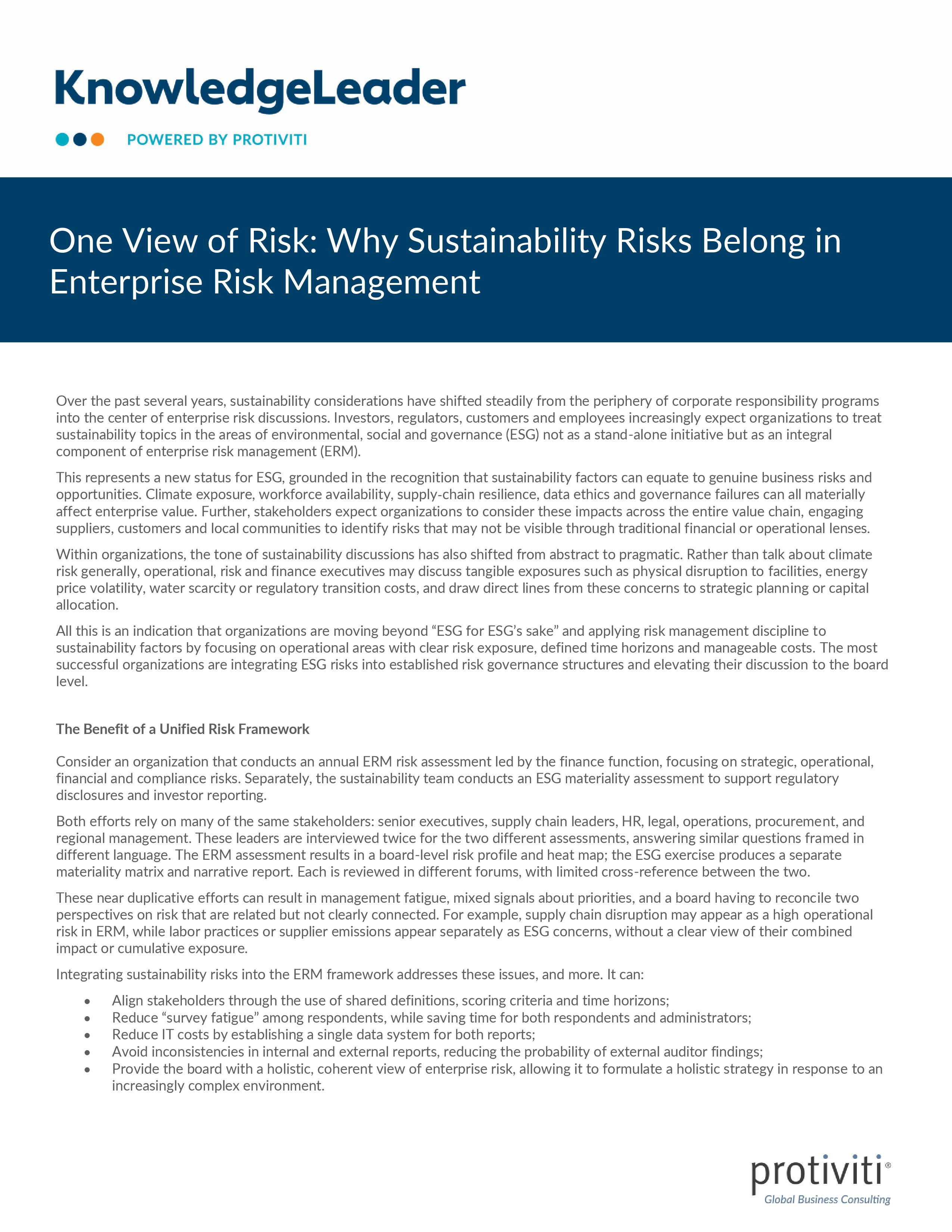One View of Risk: Why Sustainability Risks Belong in Enterprise Risk Management