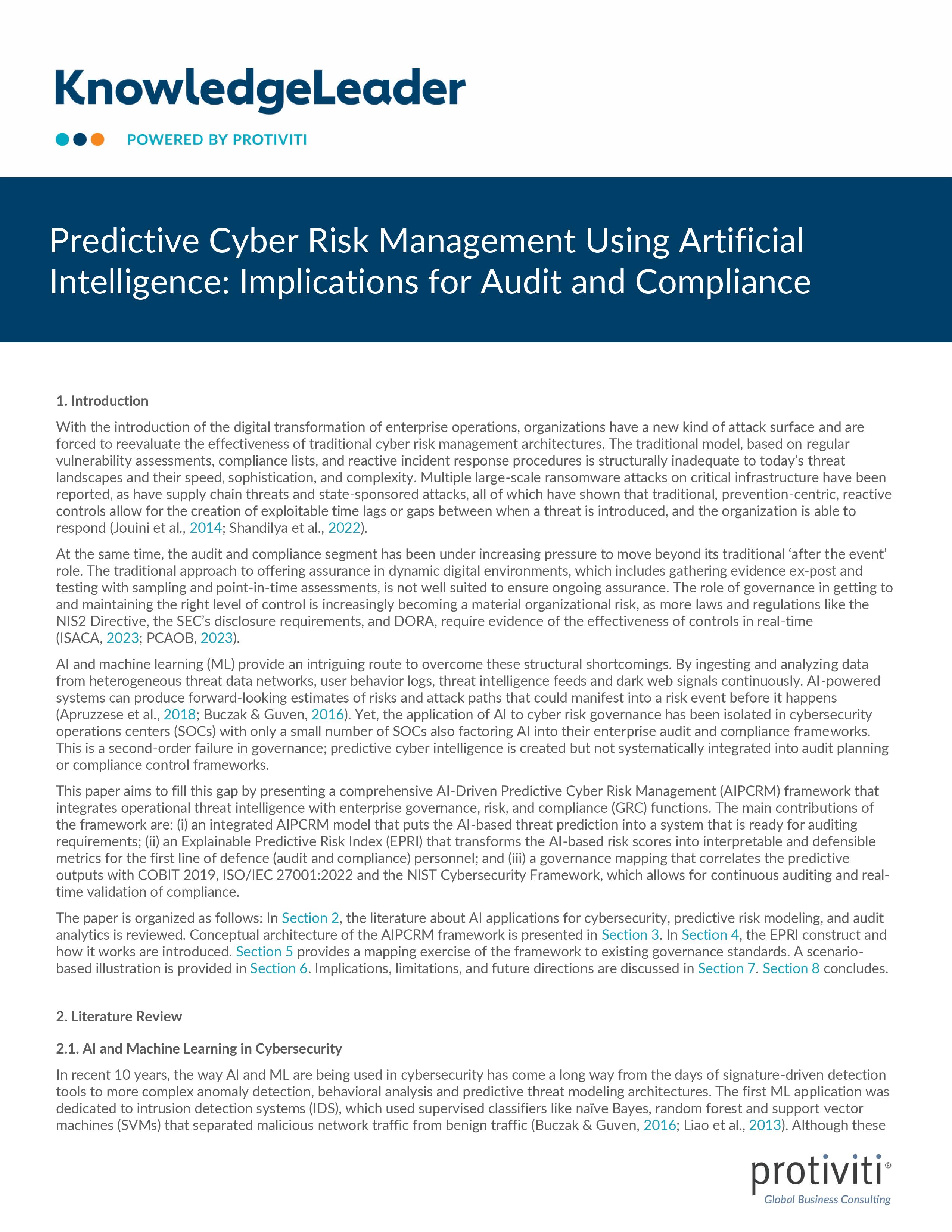 screenshot of the first page of Predictive Cyber Risk Management Using Artificial Intelligence: Implications for Audit and Compliance