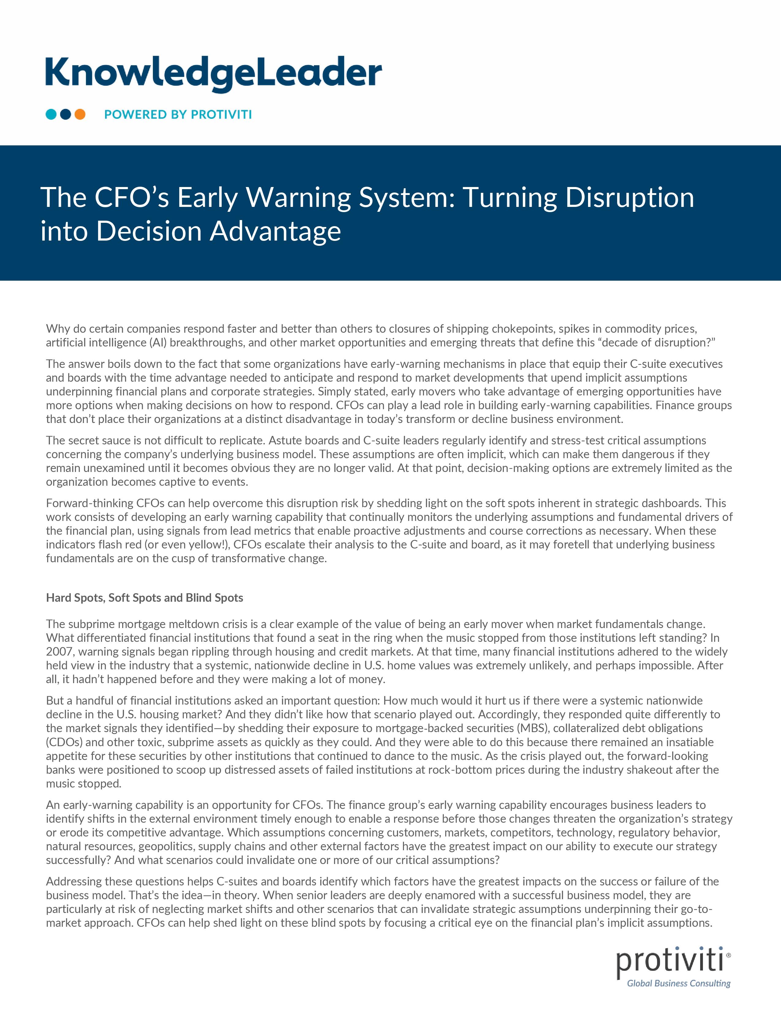 screenshot of the first page of The CFO’s Early Warning System: Turning Disruption into Decision Advantage