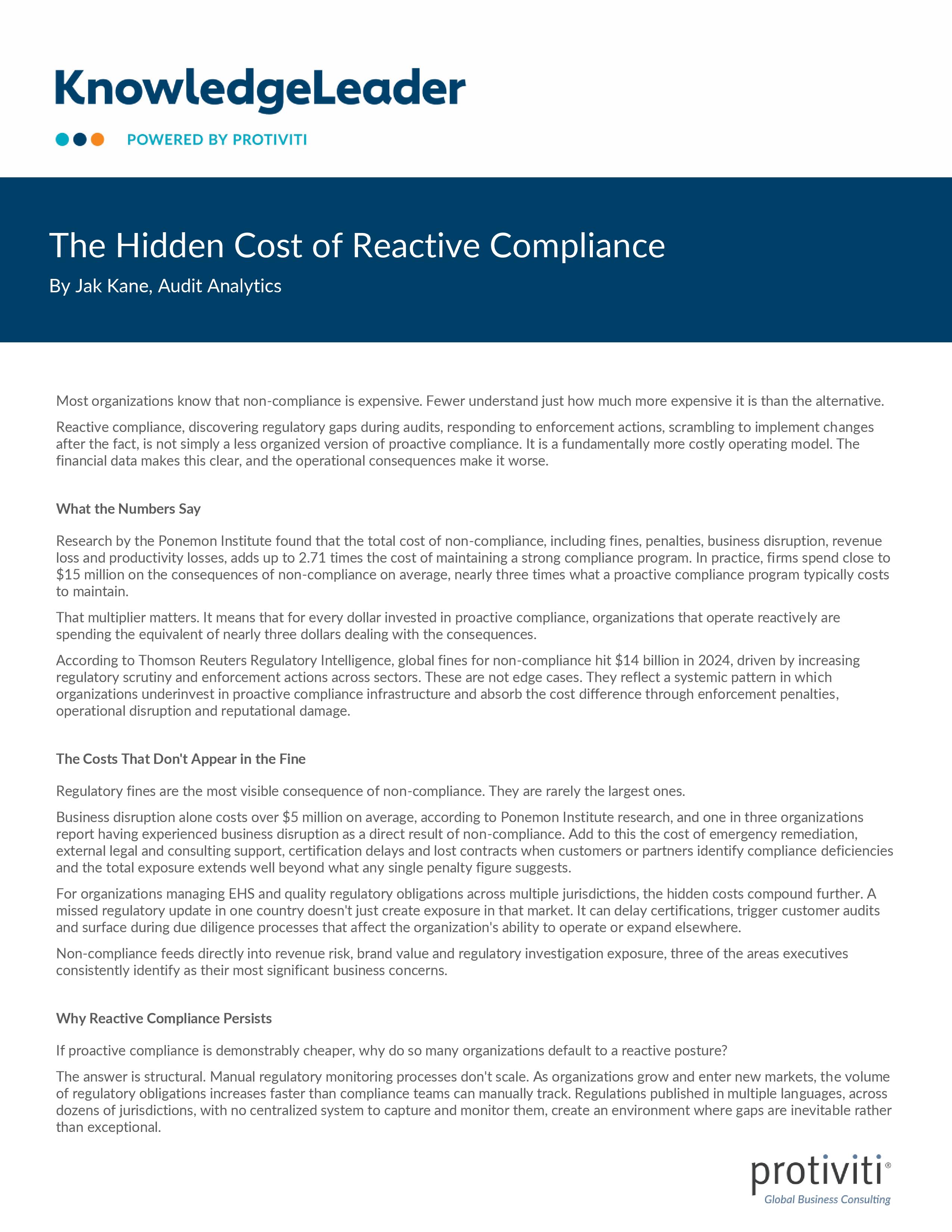 screenshot of the first page of The Hidden Cost of Reactive Compliance