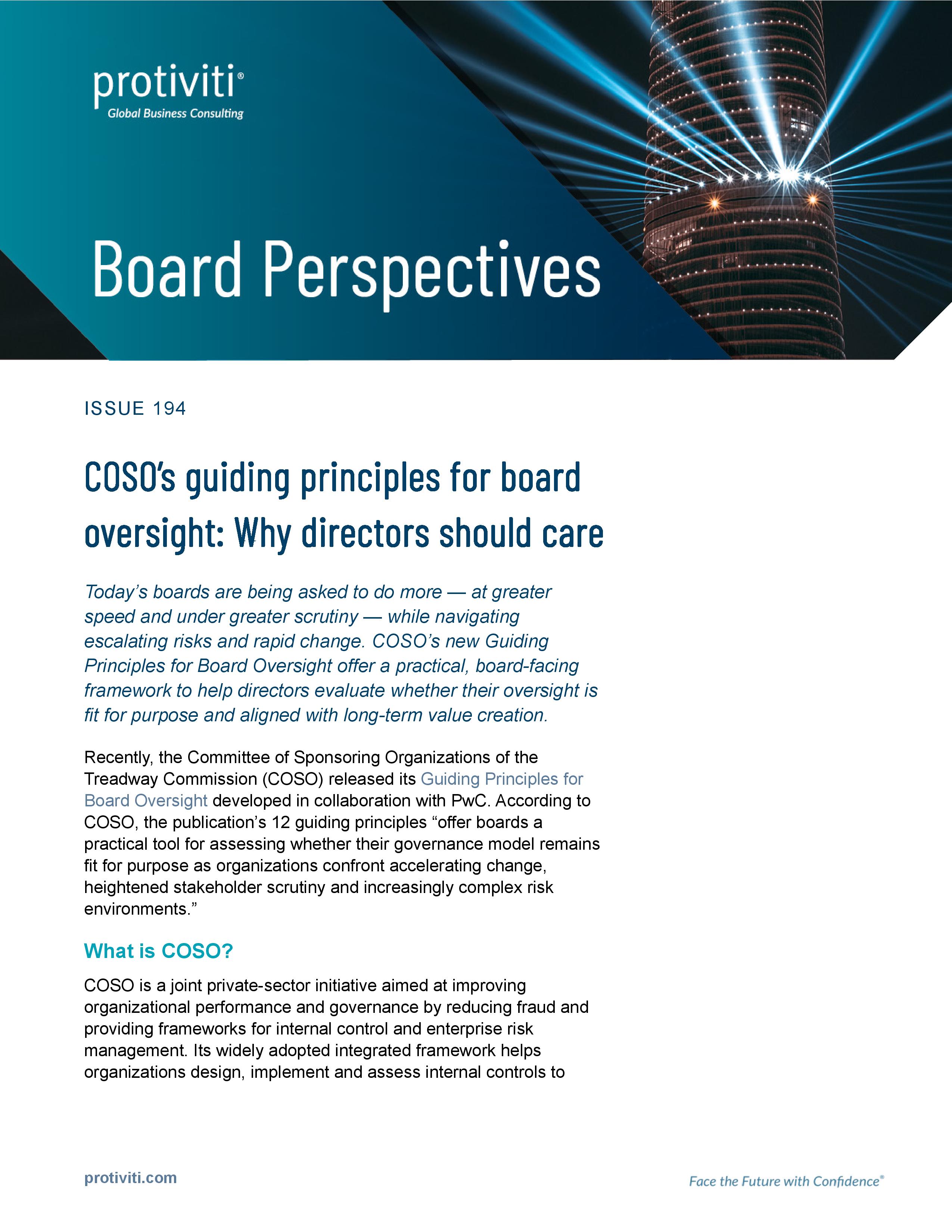 screenshot of the first page of COSO’s Guiding Principles for Board Oversight: Why Directors Should Care